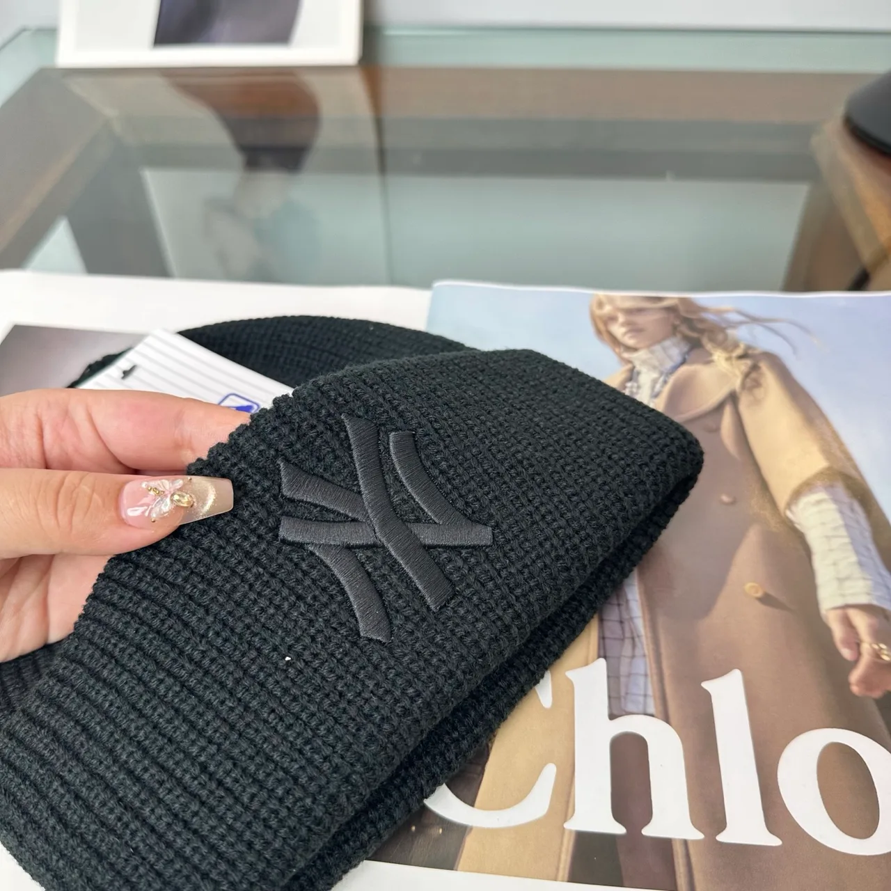 NY Letter Ribbed Beanie in Black · view 5