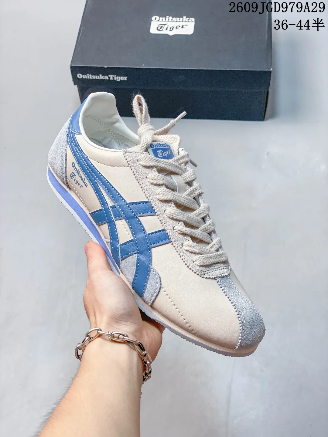 Onitsuka Tiger Striped Low-Top Sneakers in White & Blue & Green · view 3