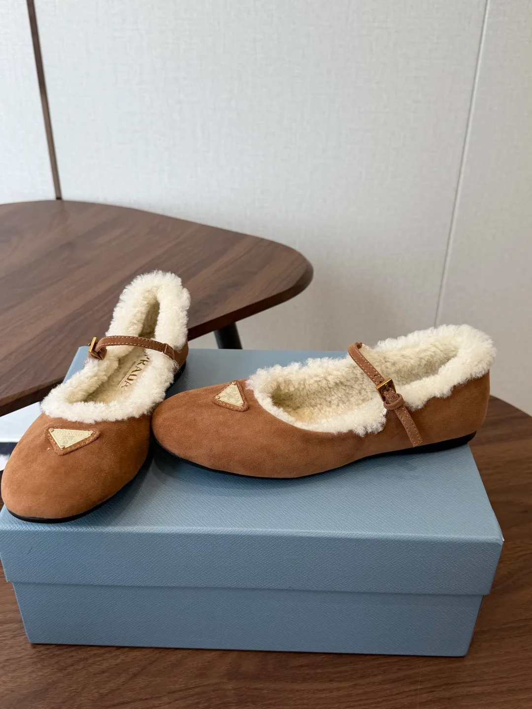 Prada Suede-Look Slippers in Tan · view 2