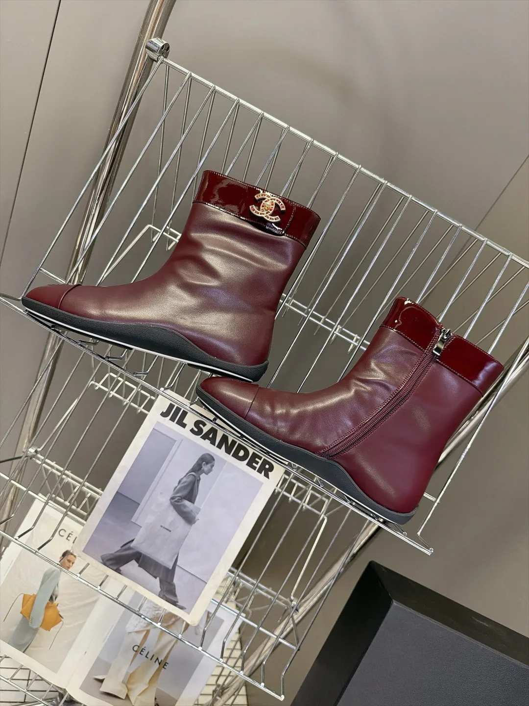 Chanel Calfskin Glossy Ankle Boots in Burgundy · view 6