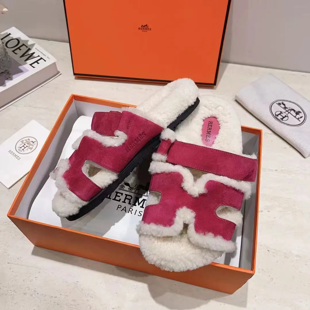 Hermes Sheepskin Chypre Shearling Slides in Pink · view 5
