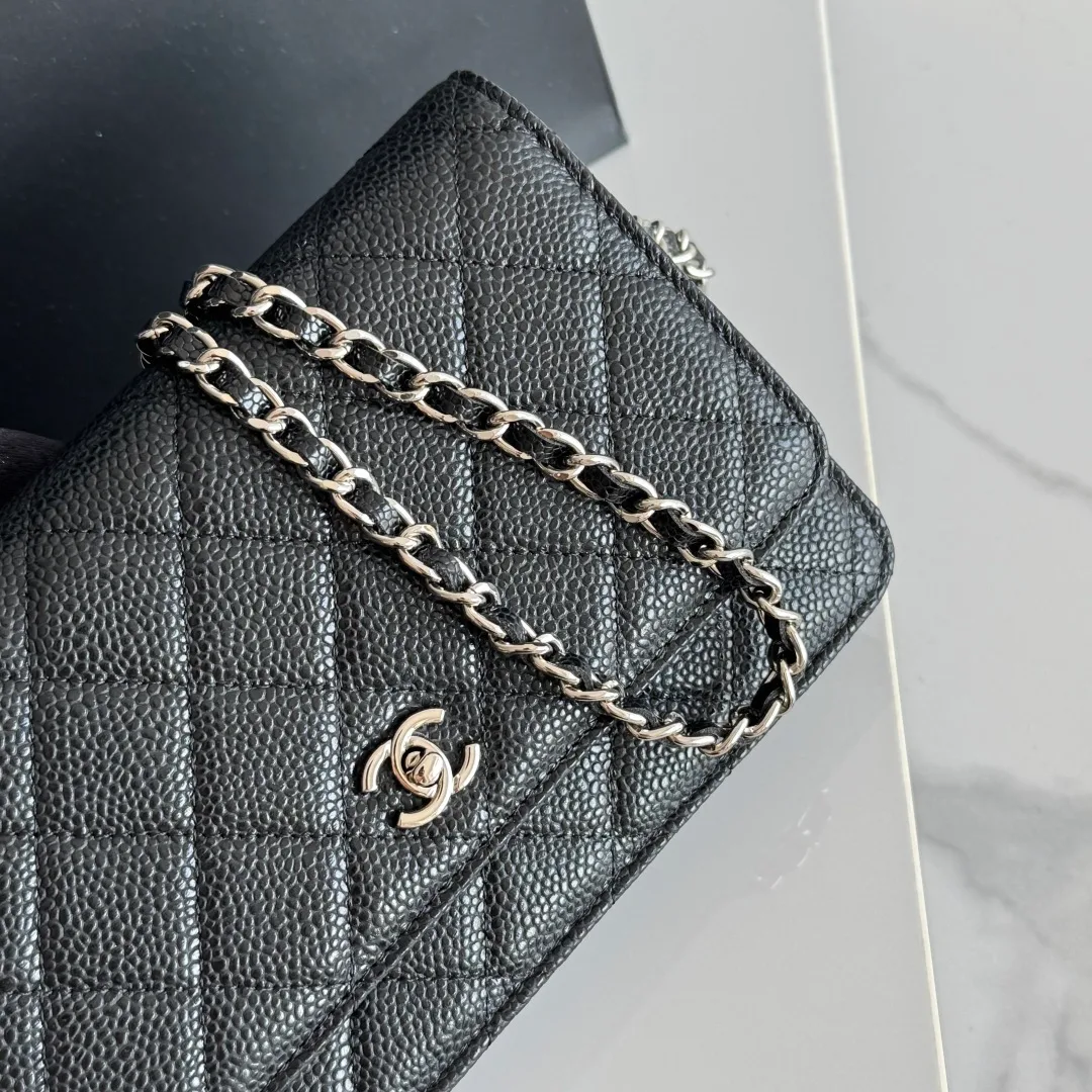 Chanel Calfskin Quilted Chain Wallet in Black · view 7