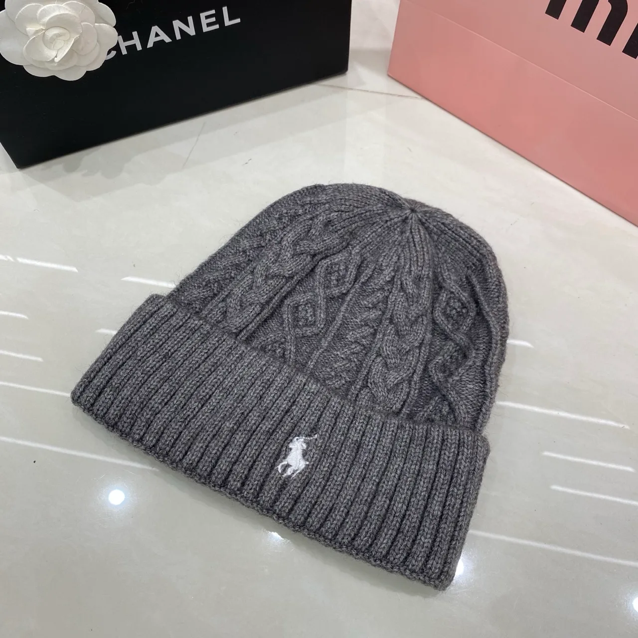 Ralph Lauren Cable-Knit Beanie in Black & White & Tan & Cream & Grey · view 5