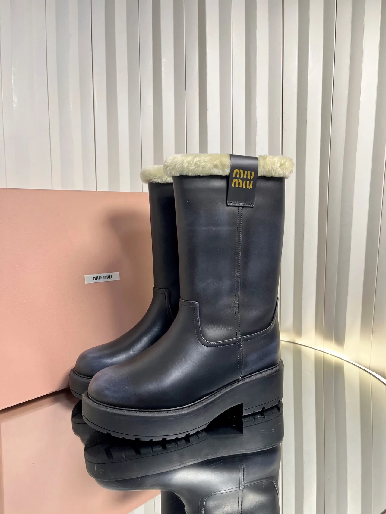 Miu Miu Calfskin Glossy Boots in Black · view 3