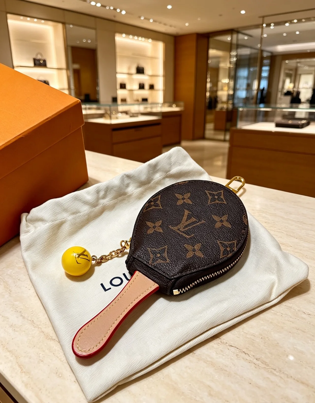 Louis Vuitton Racket-Shaped Coin Pouch in Brown & Red & Pink · view 5