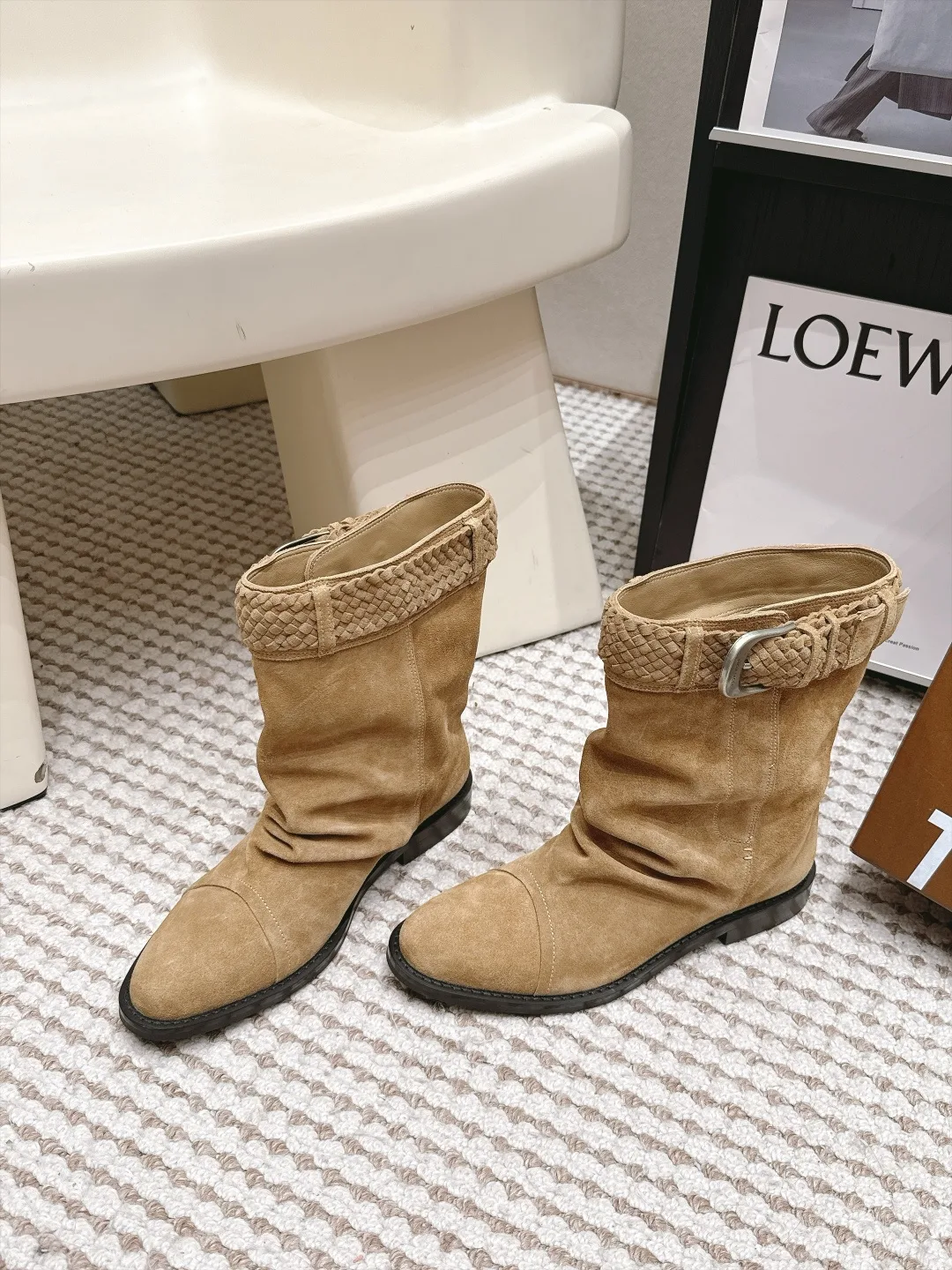 Loewe Woven Suede-Look Round-Toe Boots in Tan · view 3