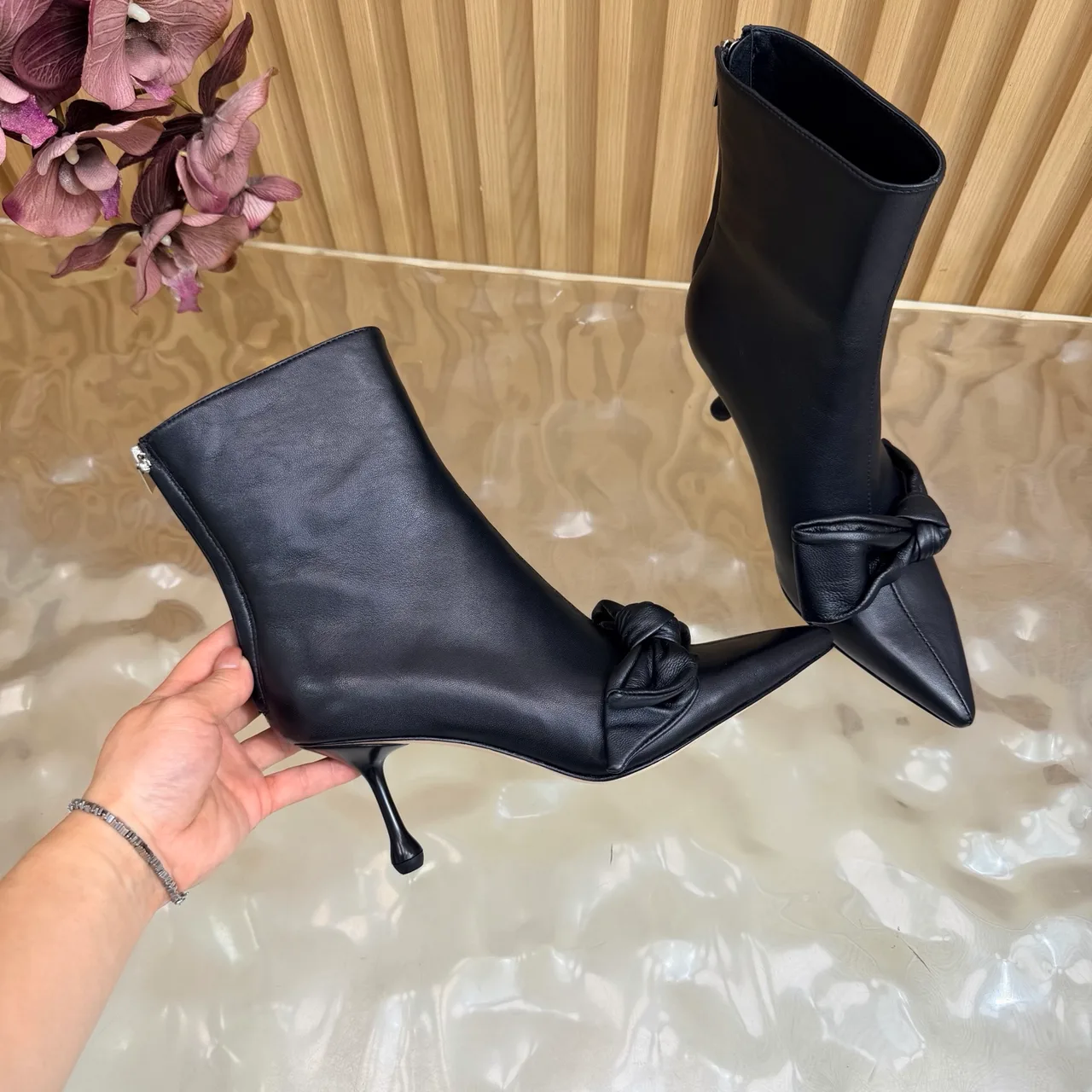 Jimmy Choo Cowhide Glossy Pointed-Toe Bow Knot Ankle Boots in Black · view 8