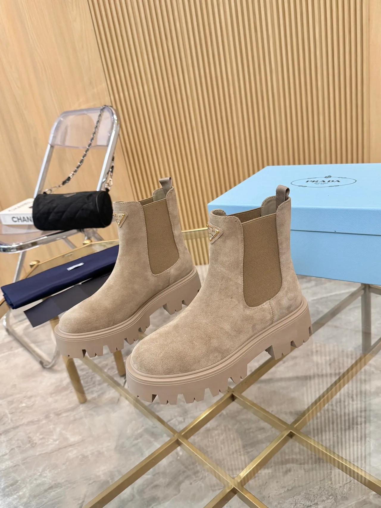 Prada Suede-Look Ankle Boots in Beige · view 1