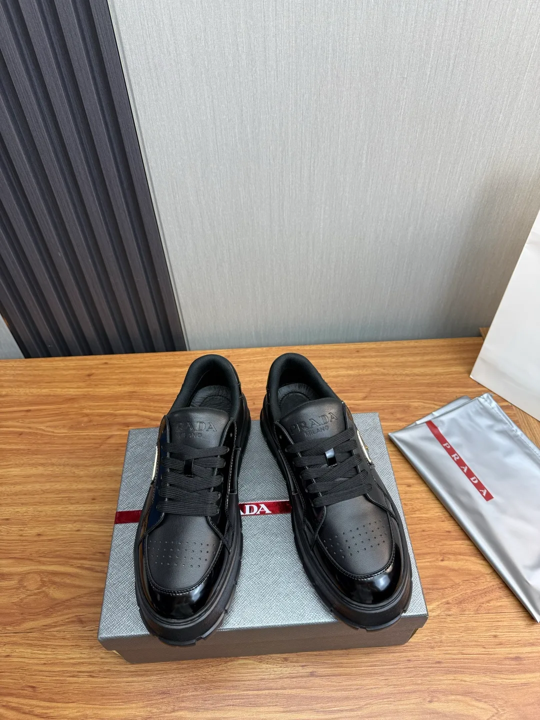 Prada Leather Sneakers in White & Black · view 2
