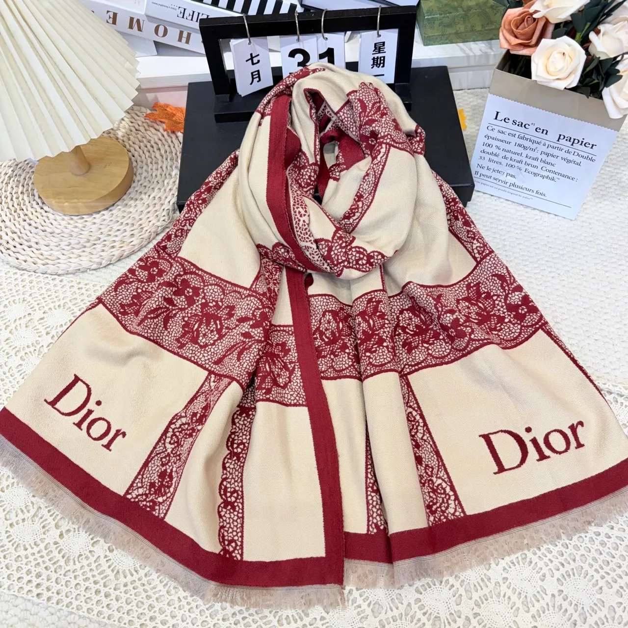 Dior Embroidered Scarf in Beige · view 1