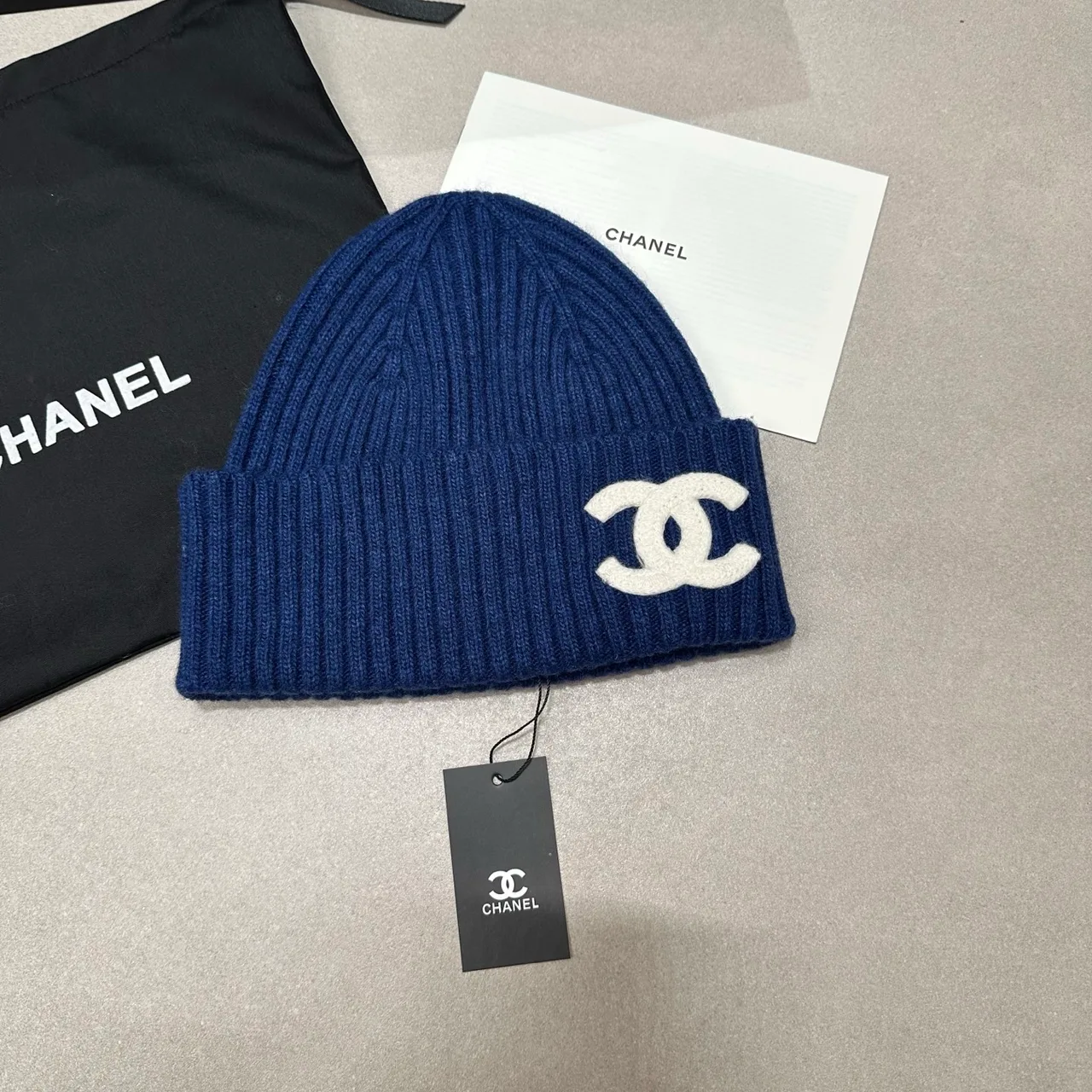 Chanel Knit Beanie in Cream & Black & Blue & Grey · view 3
