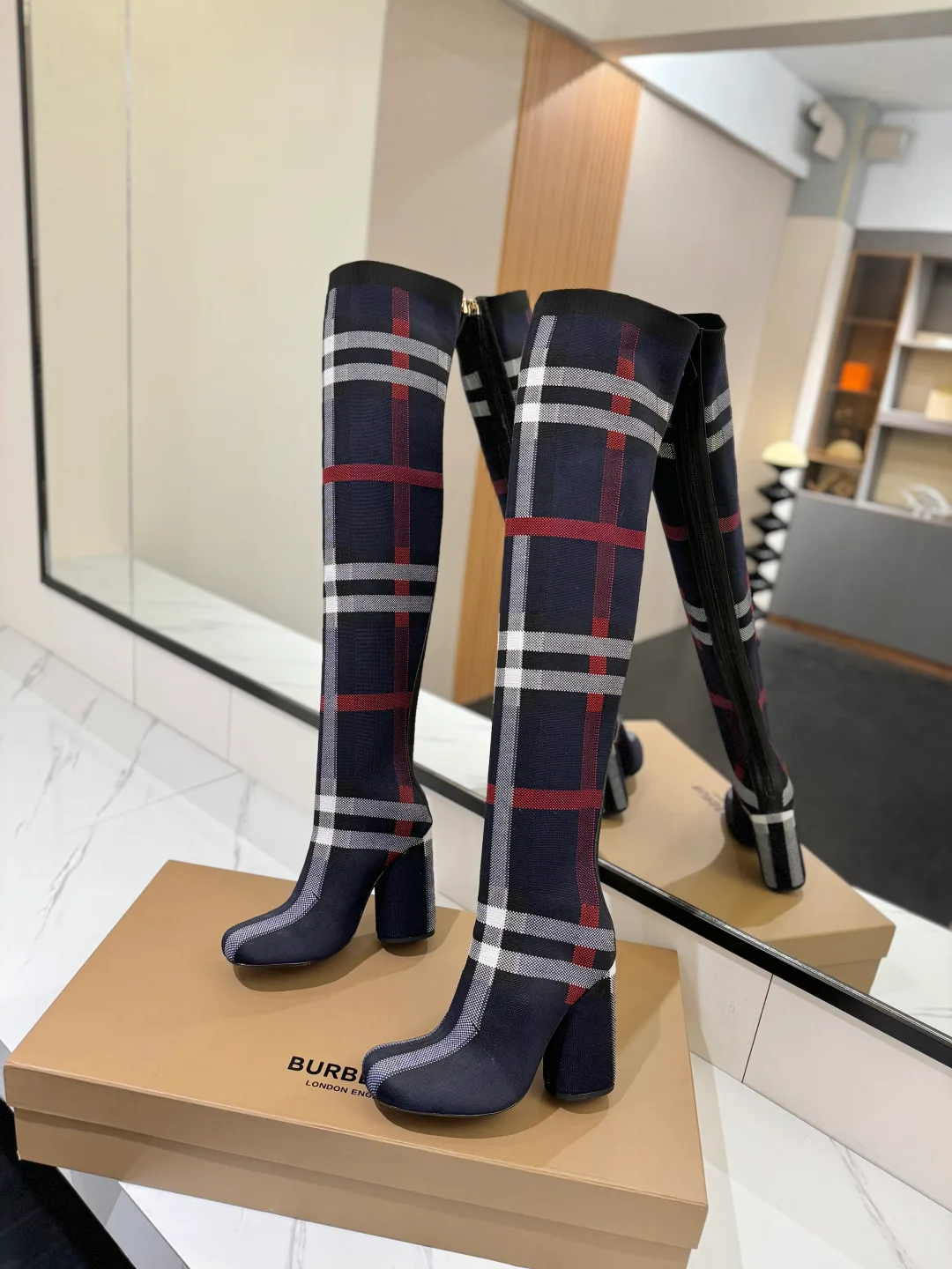 Burberry Ribbed Check Knee-High Boots in Blue · view 4