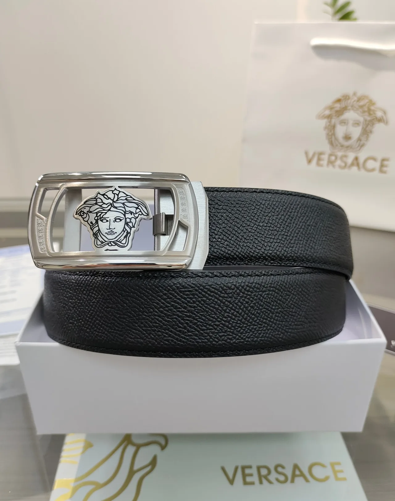 Versace Calfskin Glossy Belt in Black · view 2