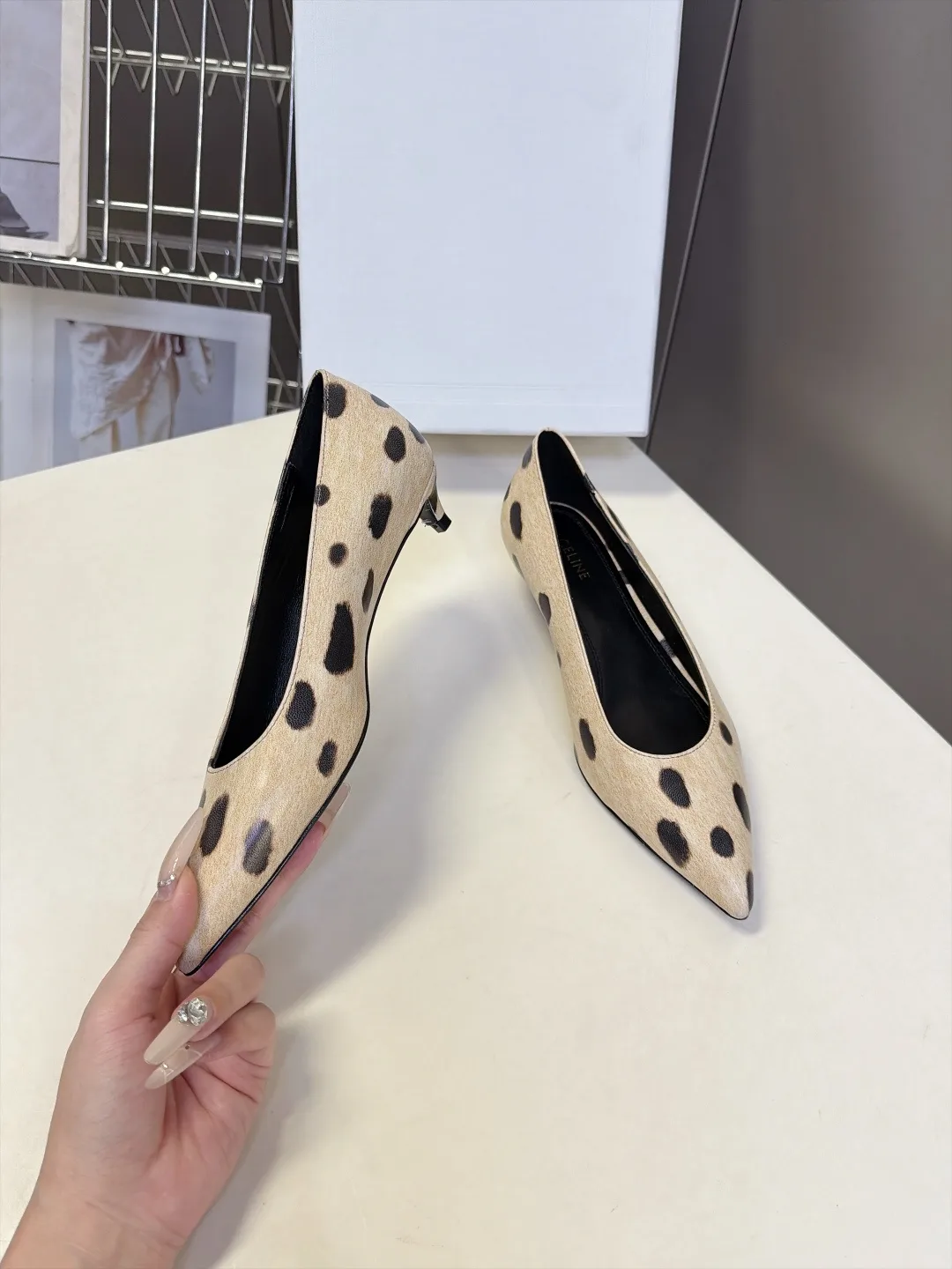Celine Lambskin Pointed-Toe Spotted Kitten Heel Pumps in Beige · view 4