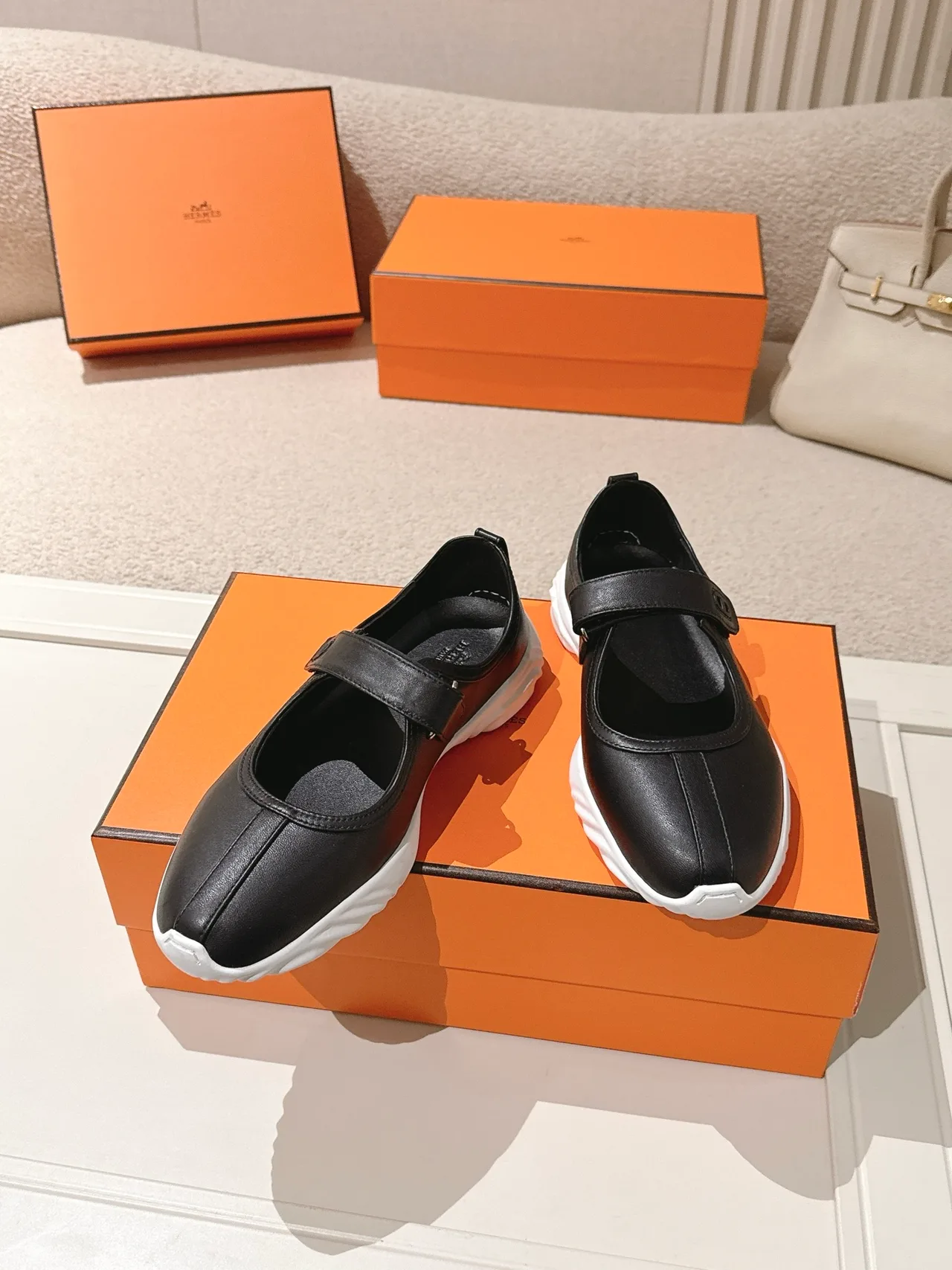 Hermes Lambskin Round-Toe Buckle Mary Jane Shoes in Black · view 3