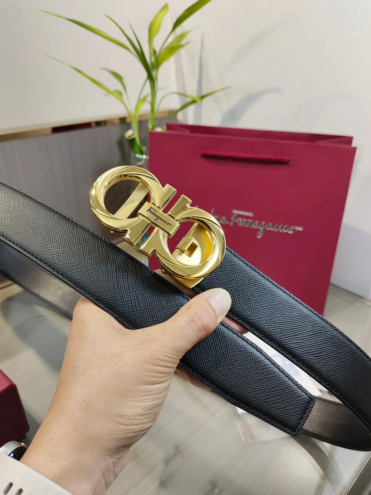 Ferragamo Calfskin Glossy Belt in Black · view 4