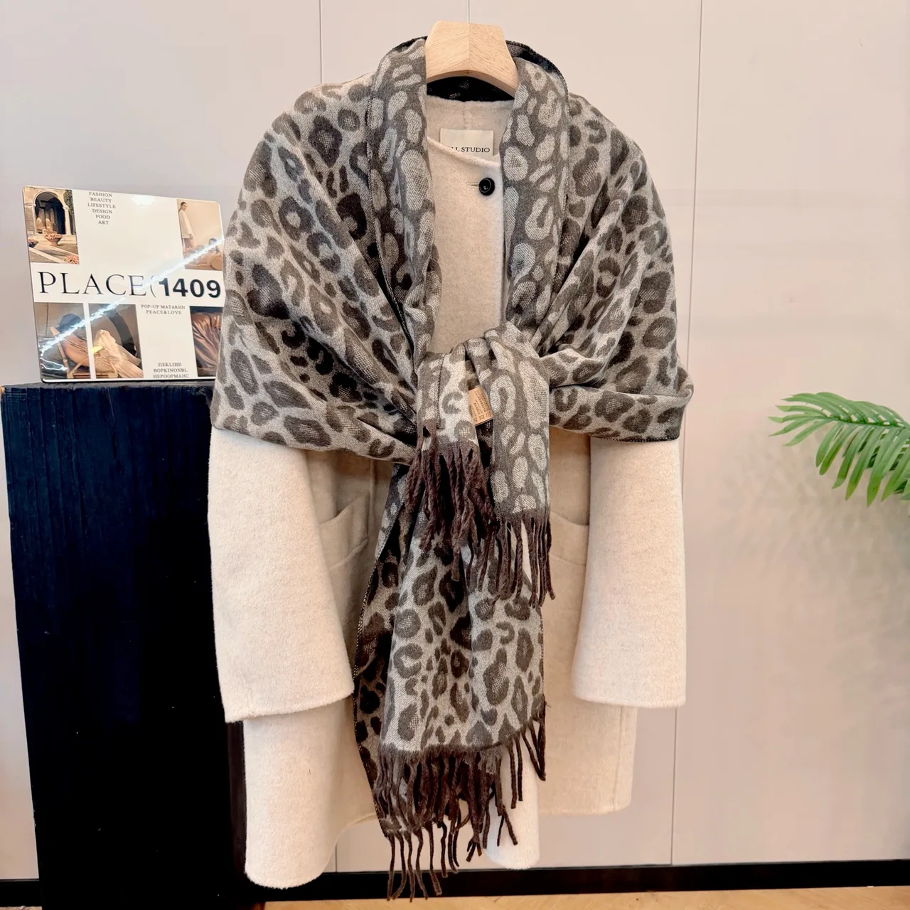 Leopard-Pattern Fringe Scarf in Red & Grey · view 6