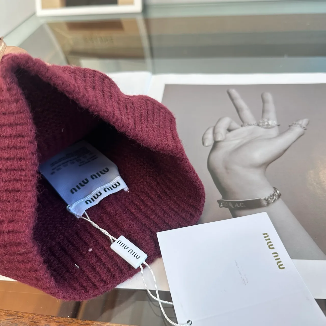 Miu Miu Beanie in Burgundy & Black & Grey & Tan & White · view 8