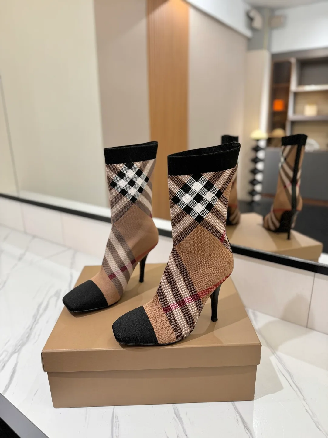 Burberry Check Knee-High Boots in Beige · view 2