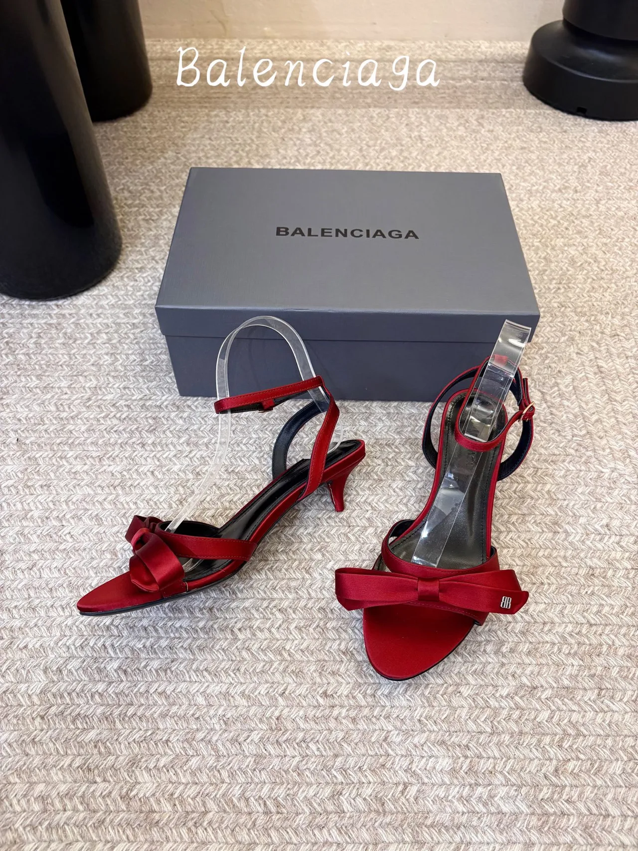 Balenciaga Silk Glossy Bow Ankle Strap Sandals in Red · view 3