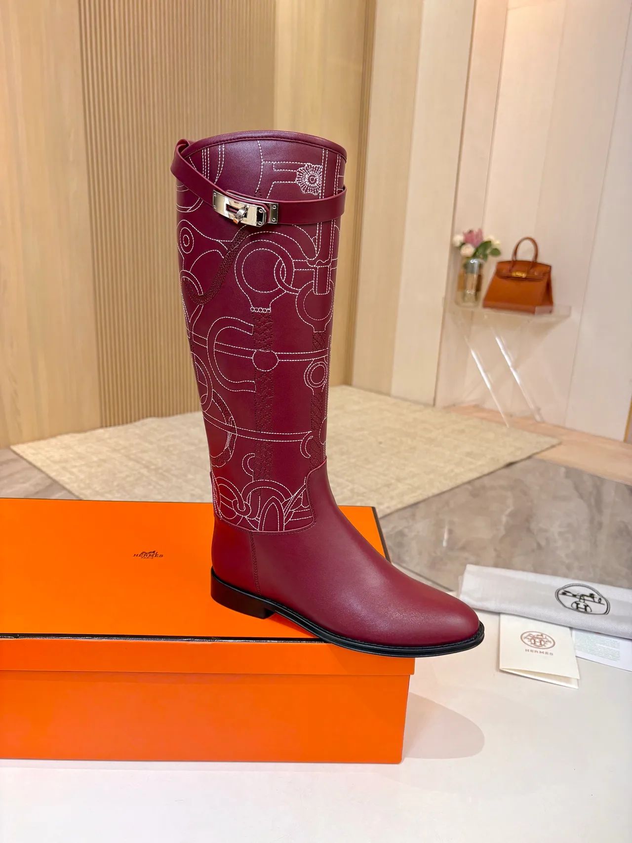 Hermes Cowhide Glossy Pointed-Toe Boots in Burgundy · view 1