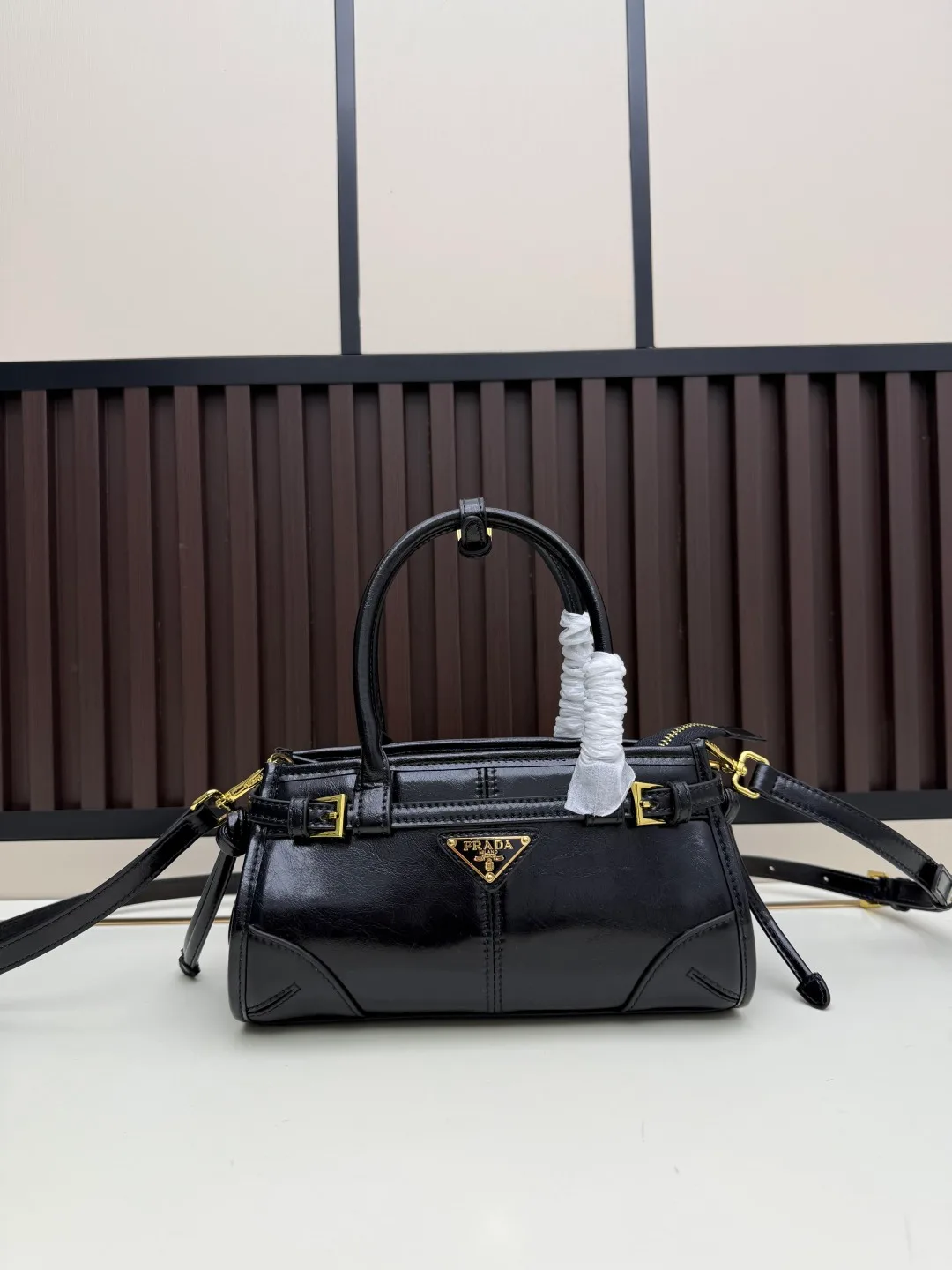 Prada Calfskin Glossy Crossbody Bag in Black · view 1