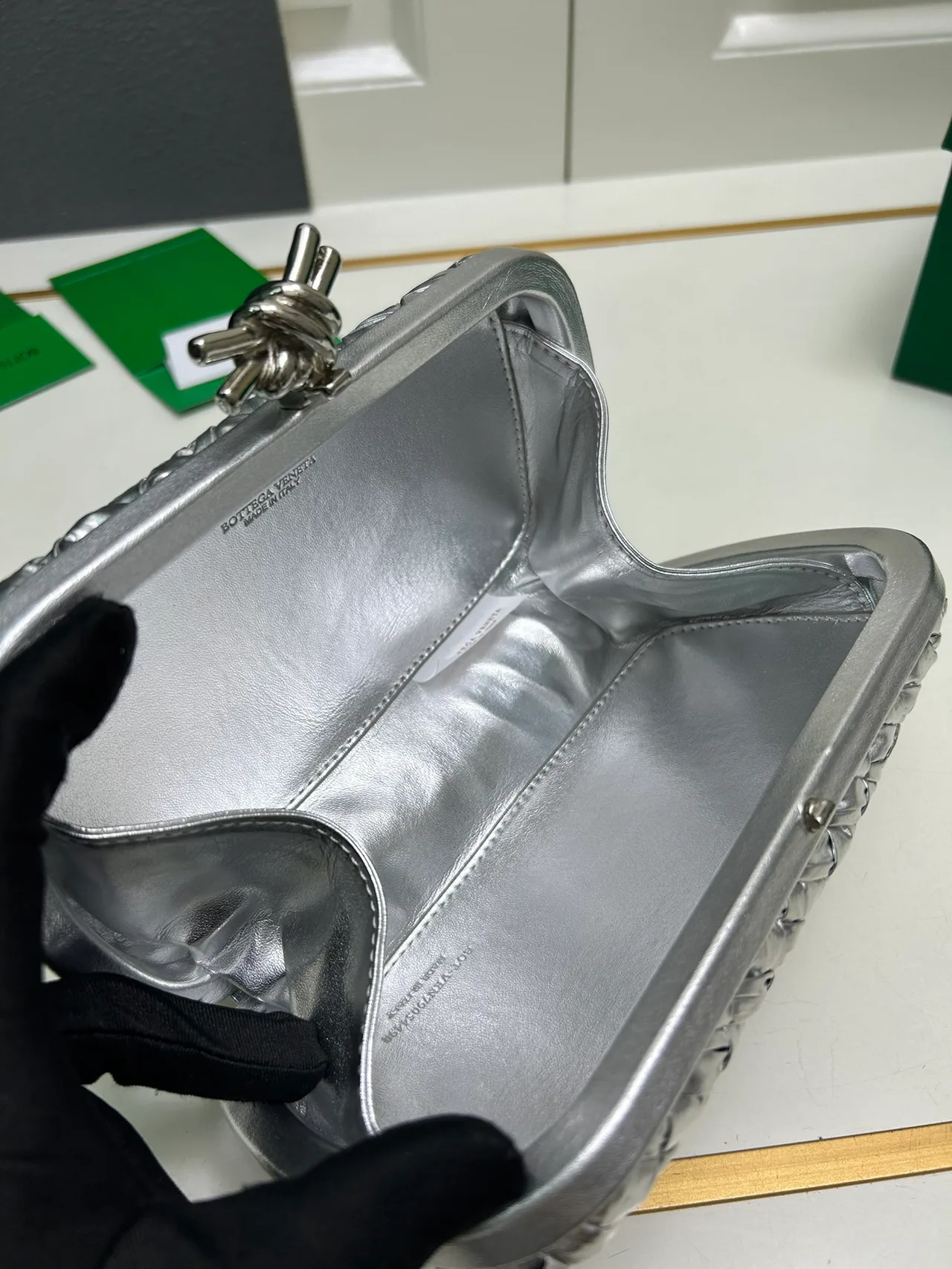 Bottega Veneta Woven Knot Clutch in Silver · view 7