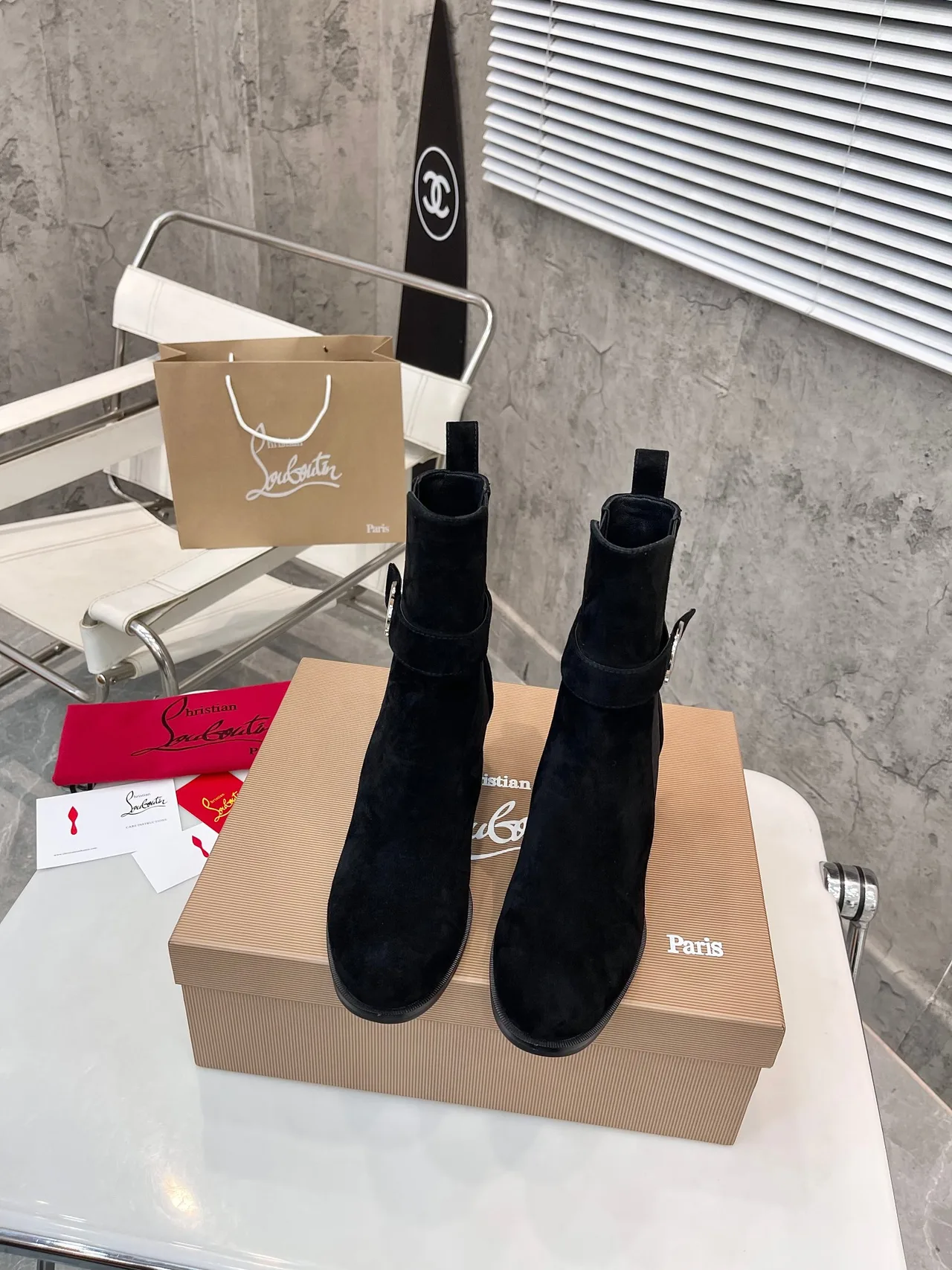 Christian Louboutin Calfskin Suede-Look Pointed-Toe Buckle Ankle Boots in Black · view 7