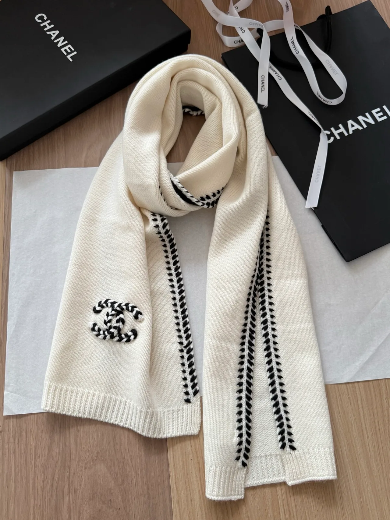 Chanel Cashmere Striped Embroidered Scarf in Cream · view 3