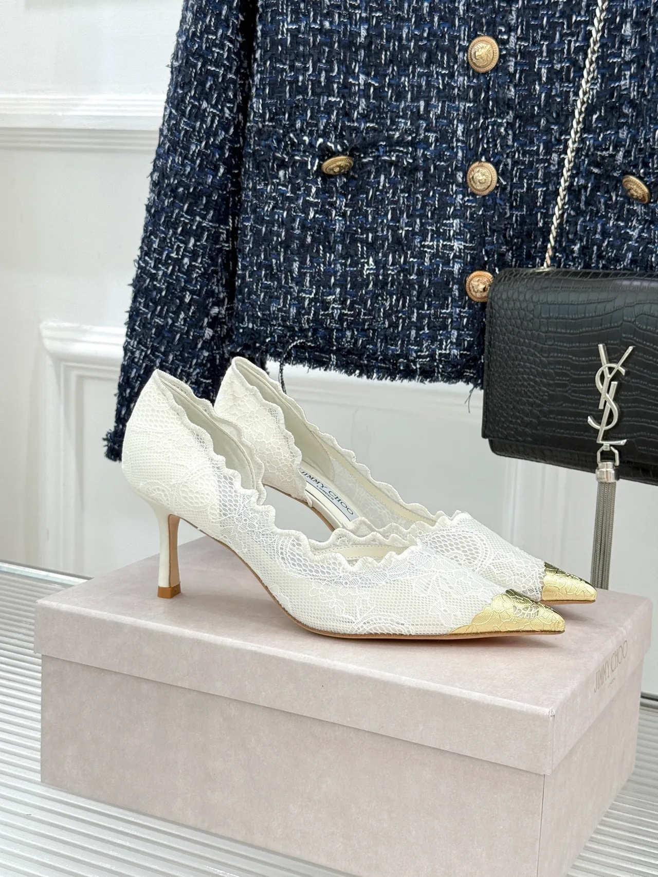 Jimmy Choo Pointed-Toe Lace Heel Pumps in White · view 2