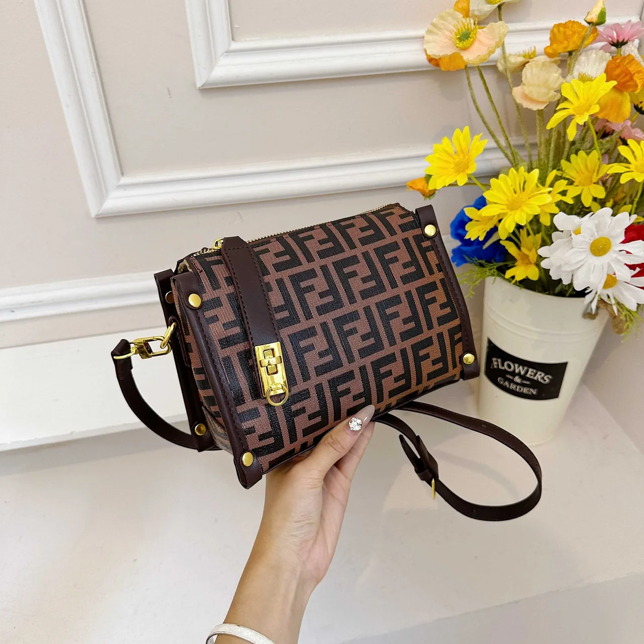 Fendi FF Box Crossbody Bag in Brown & Black & White · view 1