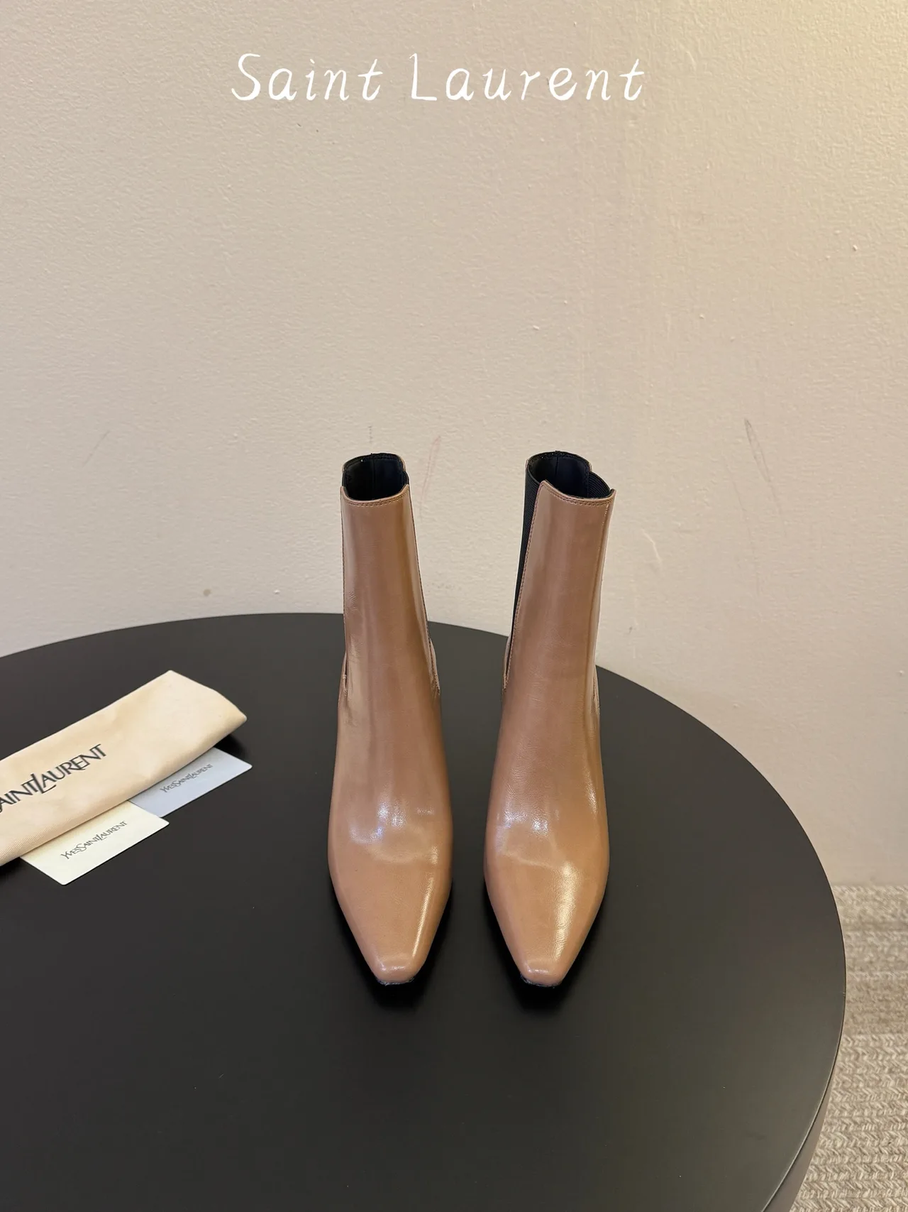 Saint Laurent Cowhide Sheepskin Glossy Pointed-Toe Chelsea Heel Boots in Beige · view 1