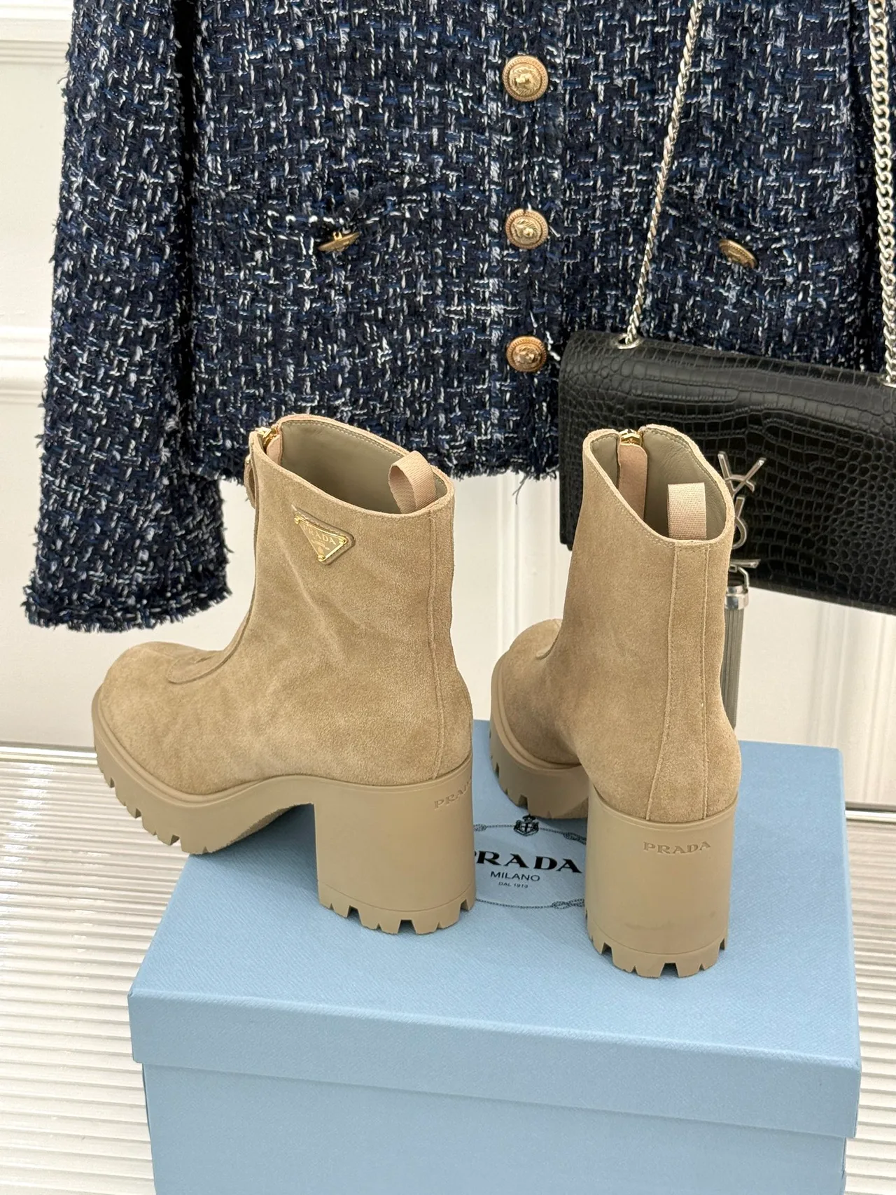 Prada Denim Suede-Look Ankle Boots in Beige · view 4