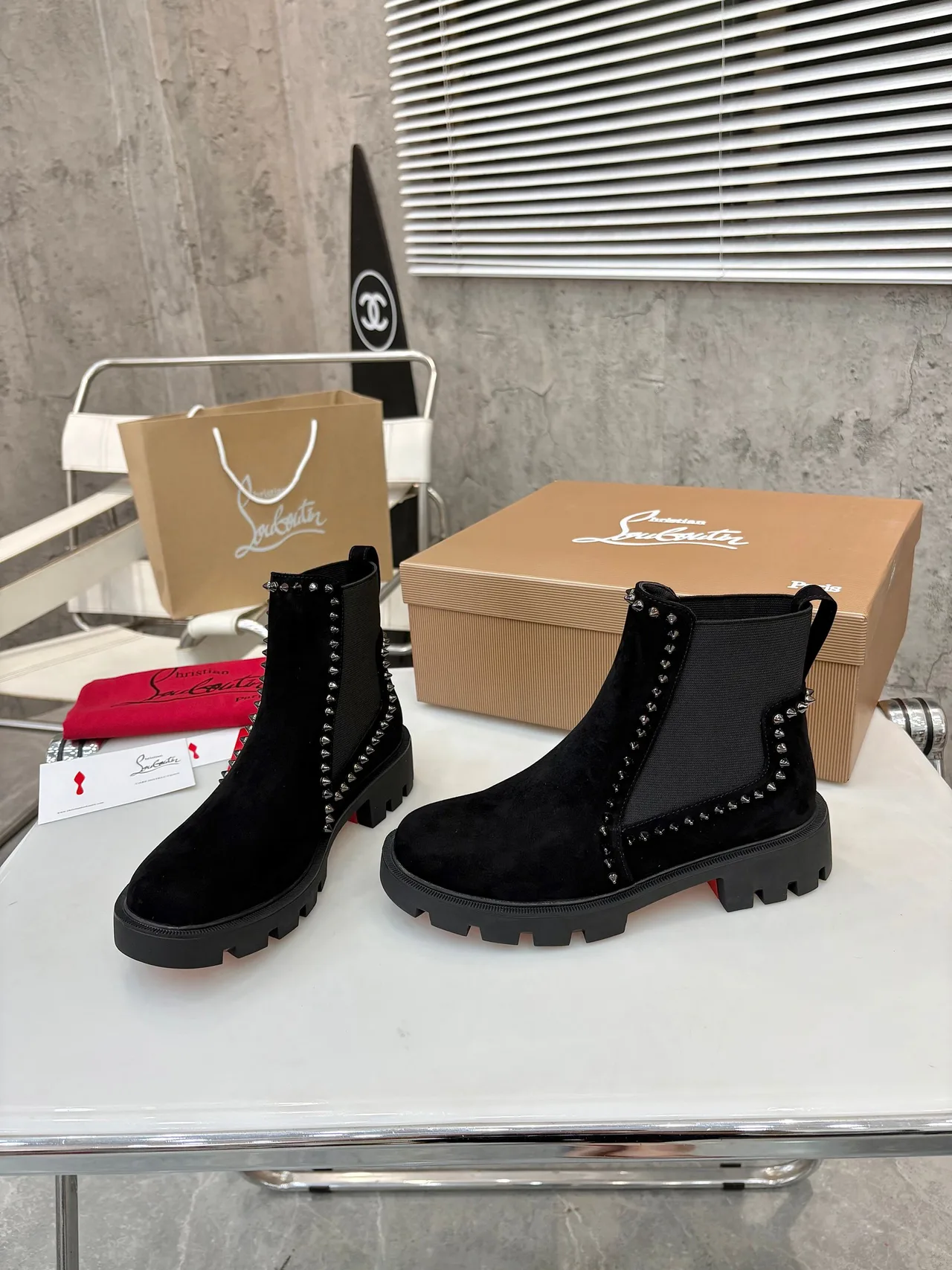 Christian Louboutin Studded Chelsea Boots in Black & Brown & Grey · view 6