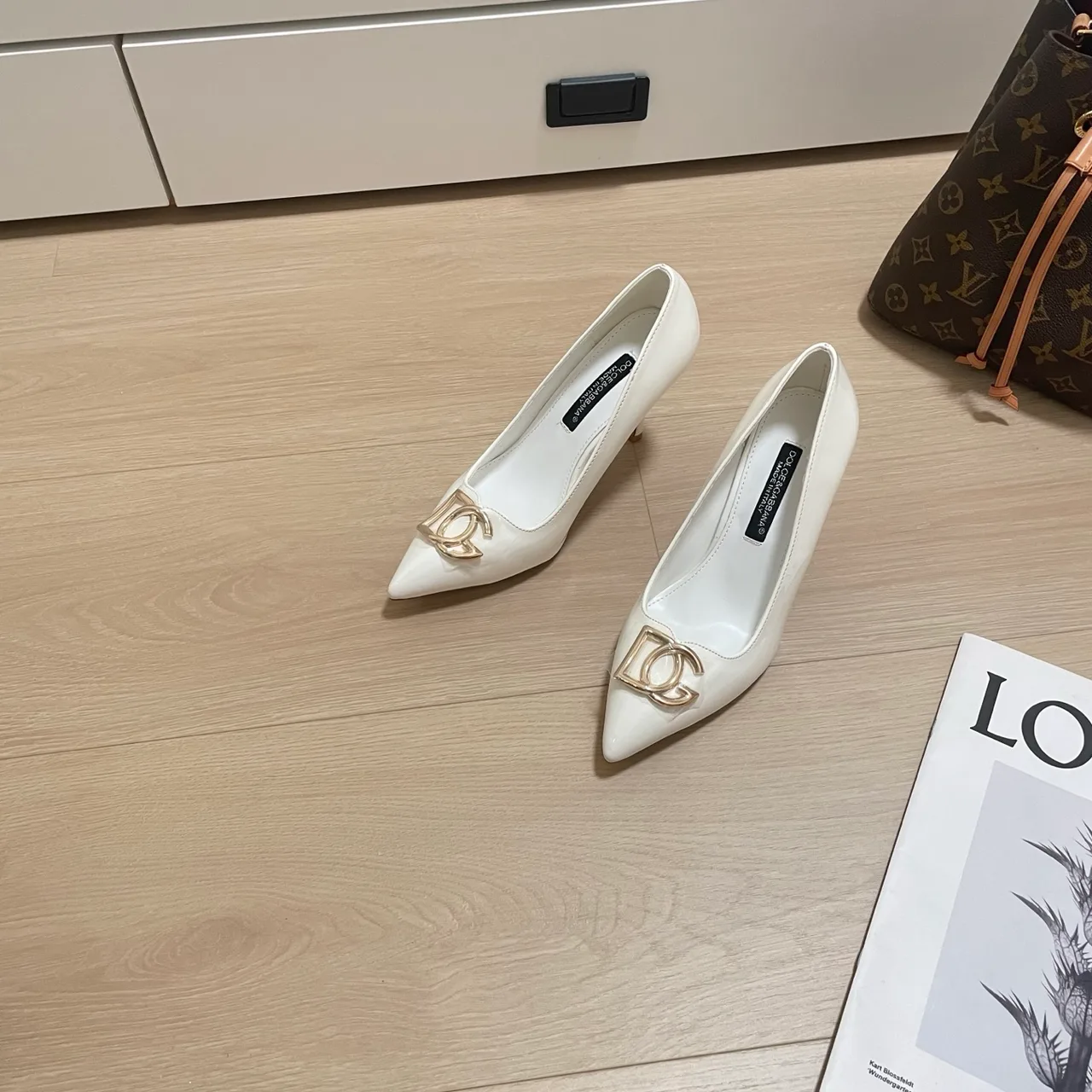 Dolce & Gabbana Sheepskin Patent Leather Glossy Pointed-Toe DG Pointed Heel Pumps in White · view 2
