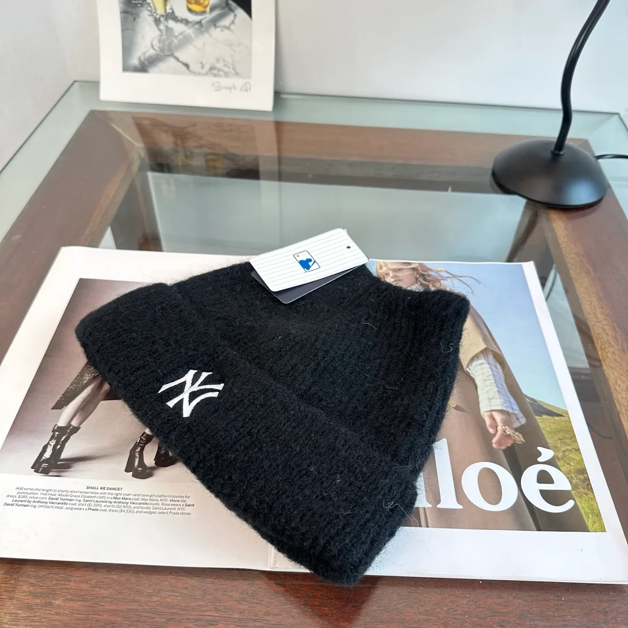 NY Letter Fuzzy Knit Beanie in Black · view 5