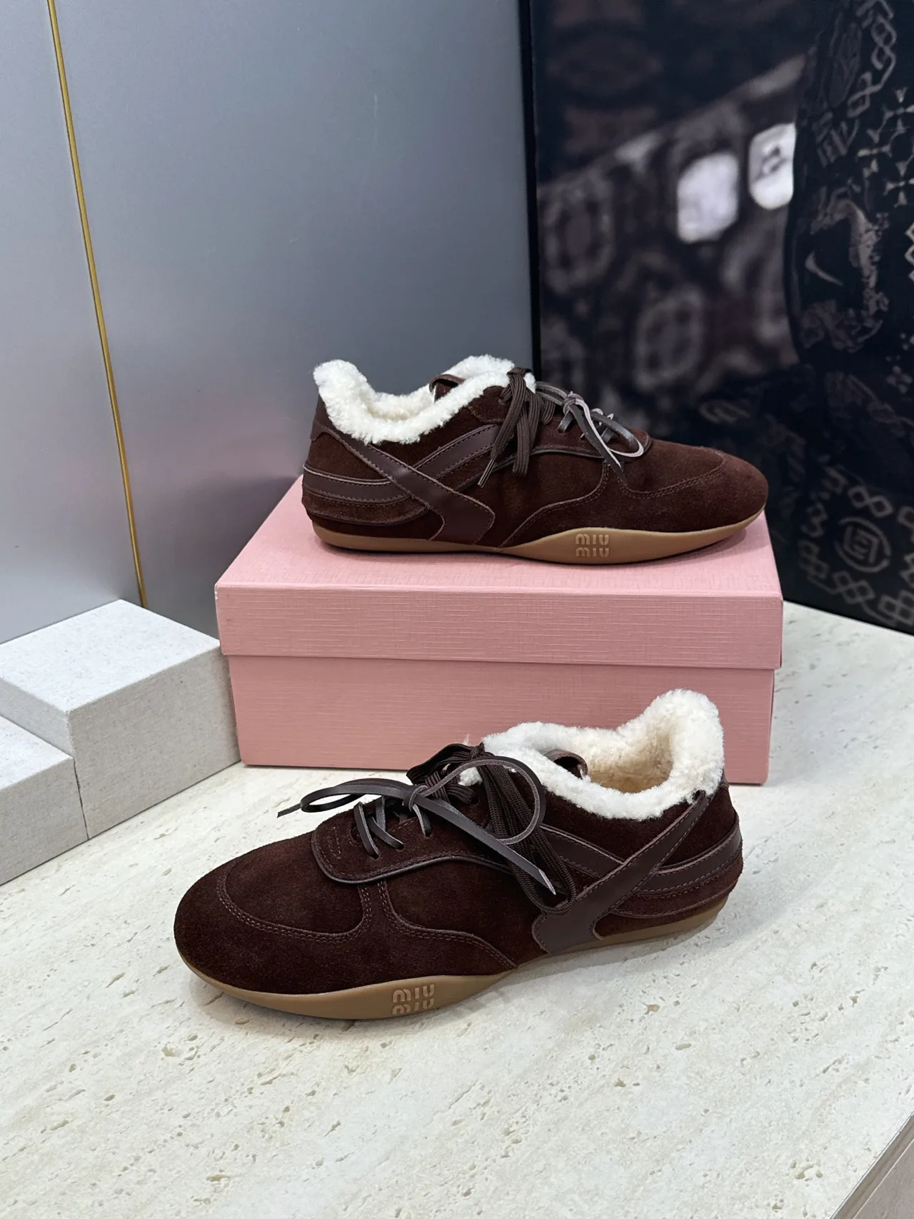 Miu Miu Suede-Look Round-Toe Sneakers in Brown · view 4