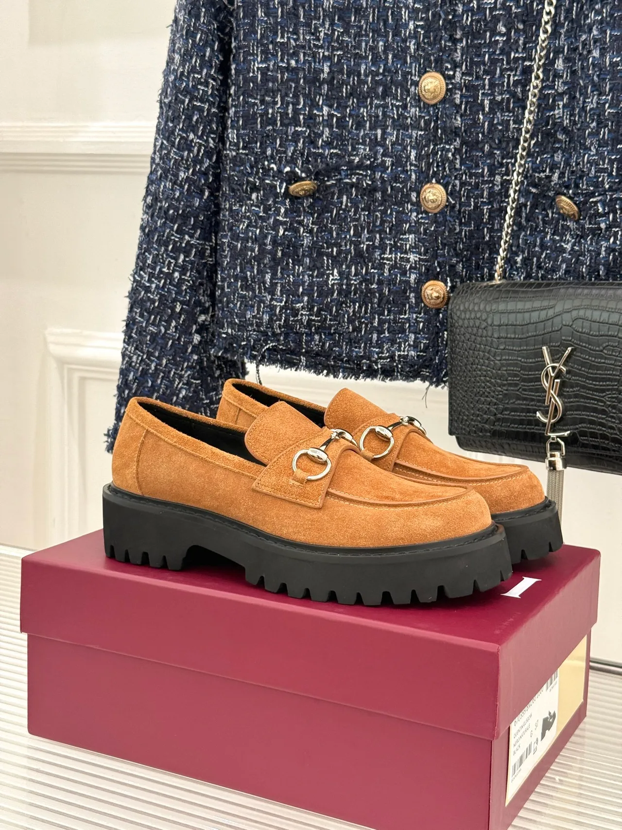 Gucci Glossy Suede-Look Round-Toe Loafers in Tan · view 1