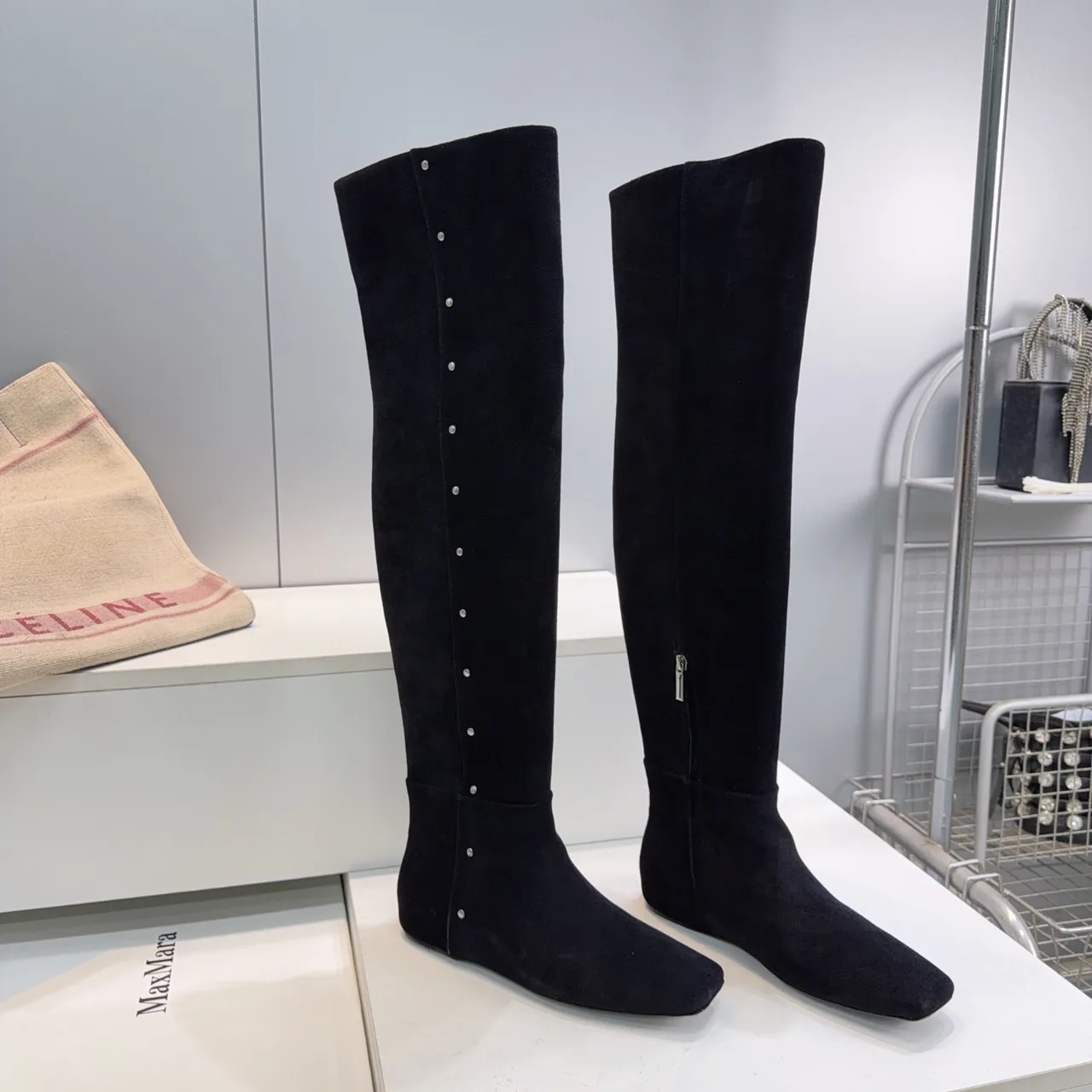 Max Mara Glossy Suede-Look Pointed-Toe Knee-High Boots in Black · view 3