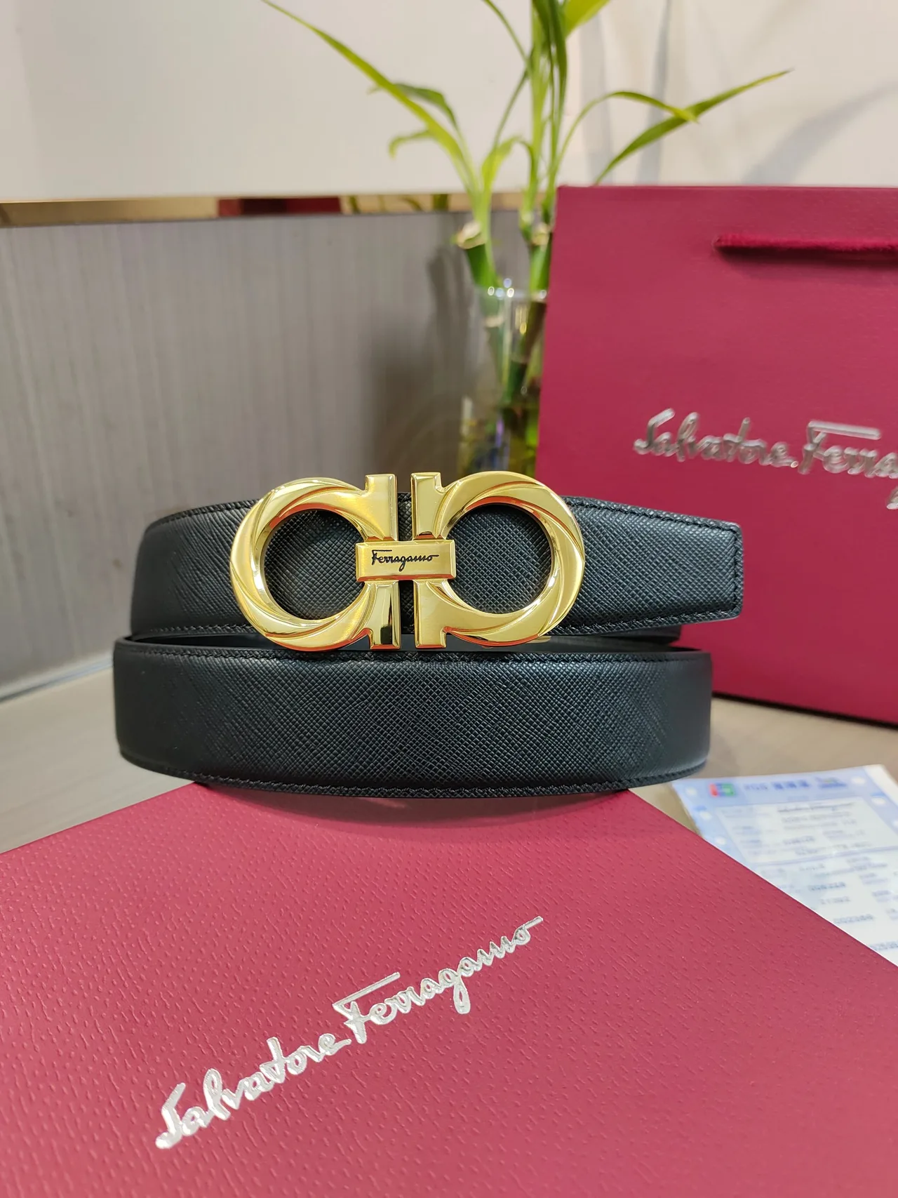 Ferragamo Calfskin Glossy Belt in Black · view 1