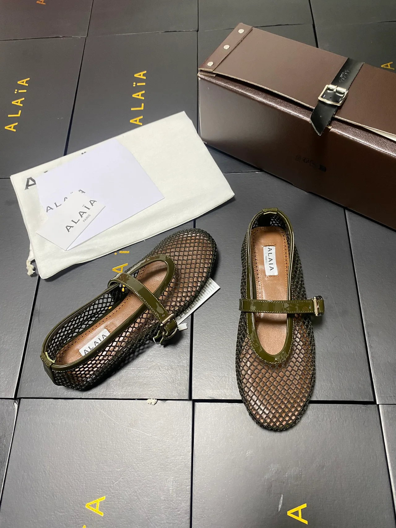 Alaia Cowhide Sheepskin Mesh Mary Jane Flats in Green · view 5