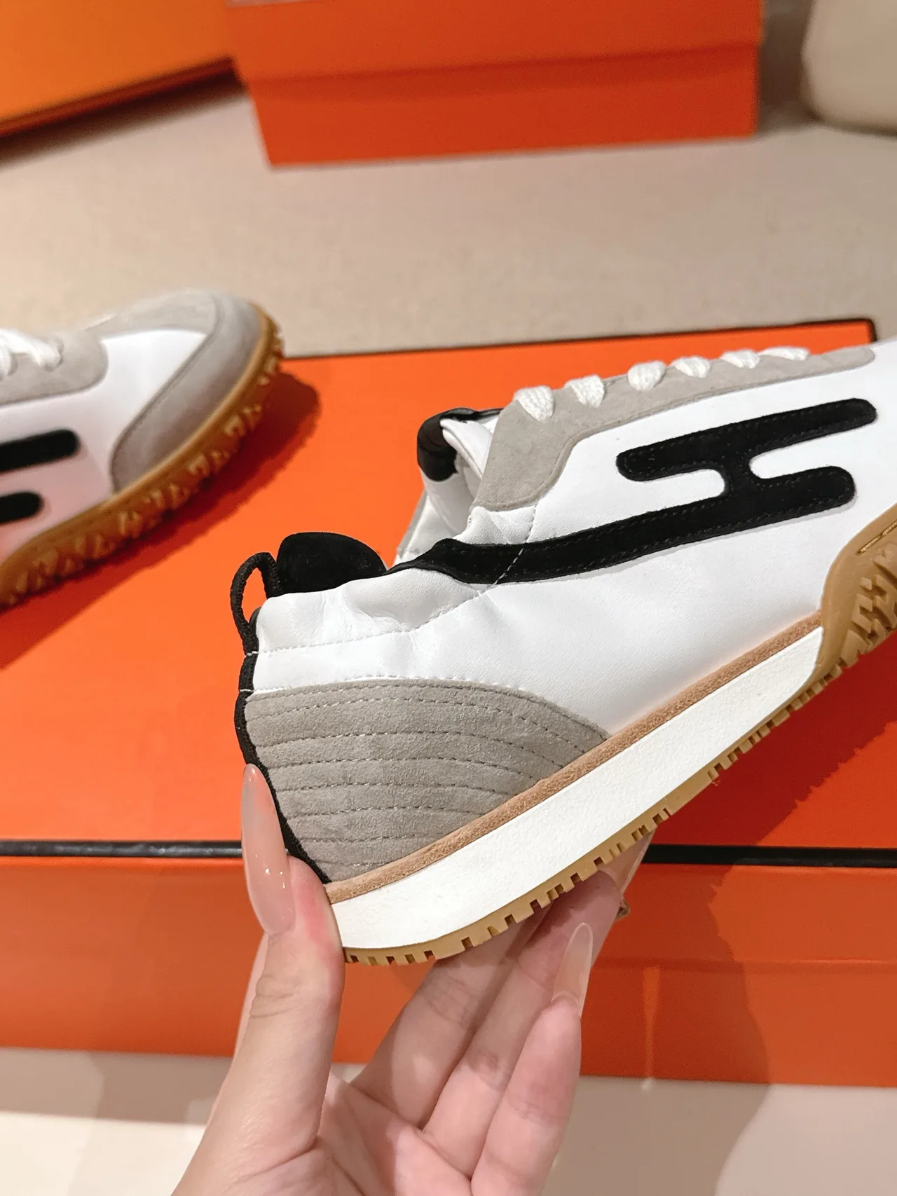 Hermes Sheepskin Suede Striped Round-Toe Sneakers in White · view 8