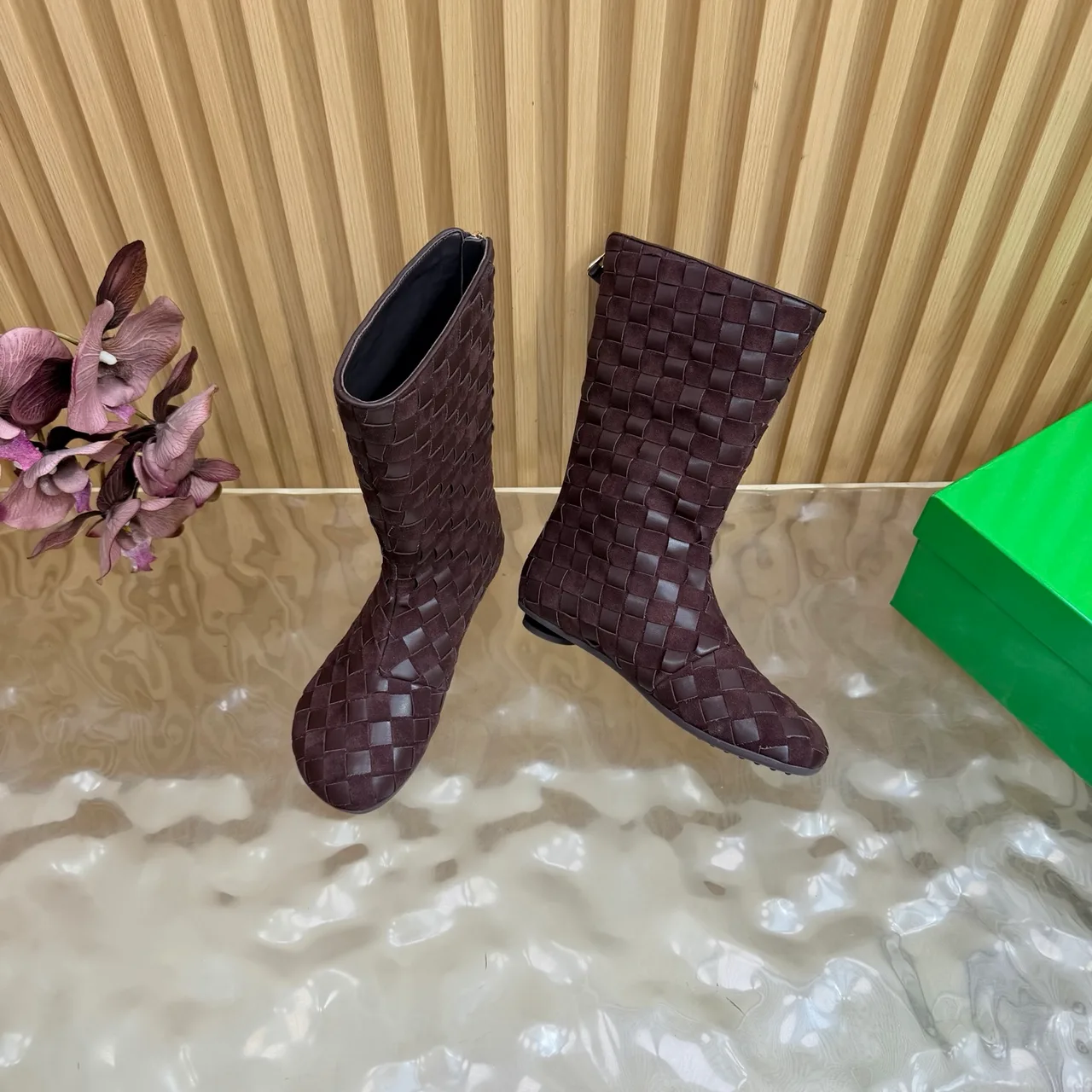 Bottega Veneta Woven Glossy Pointed-Toe Ankle Boots in Brown · view 7