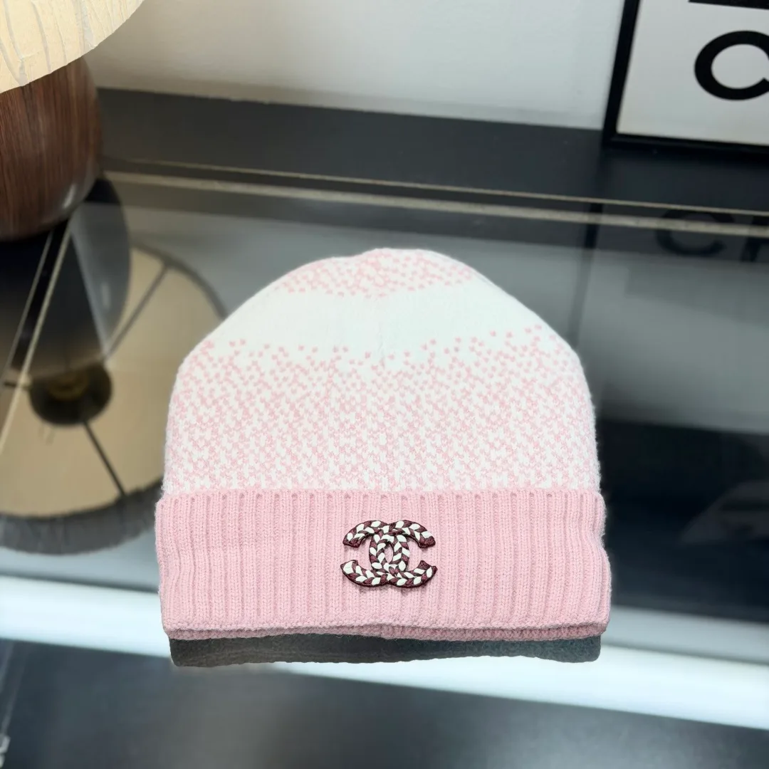 Chanel Ribbed Embroidered Beanie, Scarf and Gloves Set in Pink · view 3