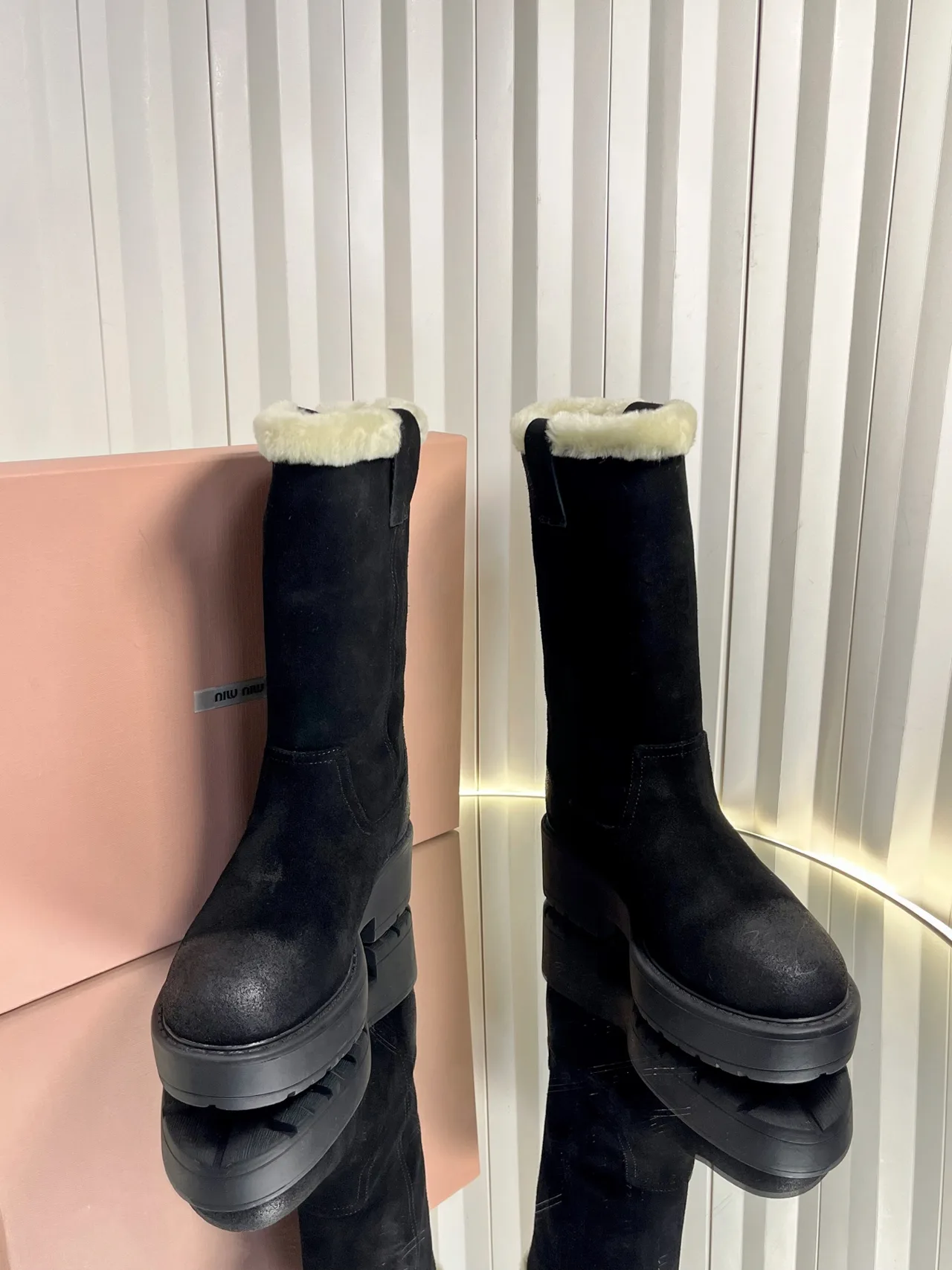 Miu Miu Calfskin Suede-Look Boots in Black · view 2