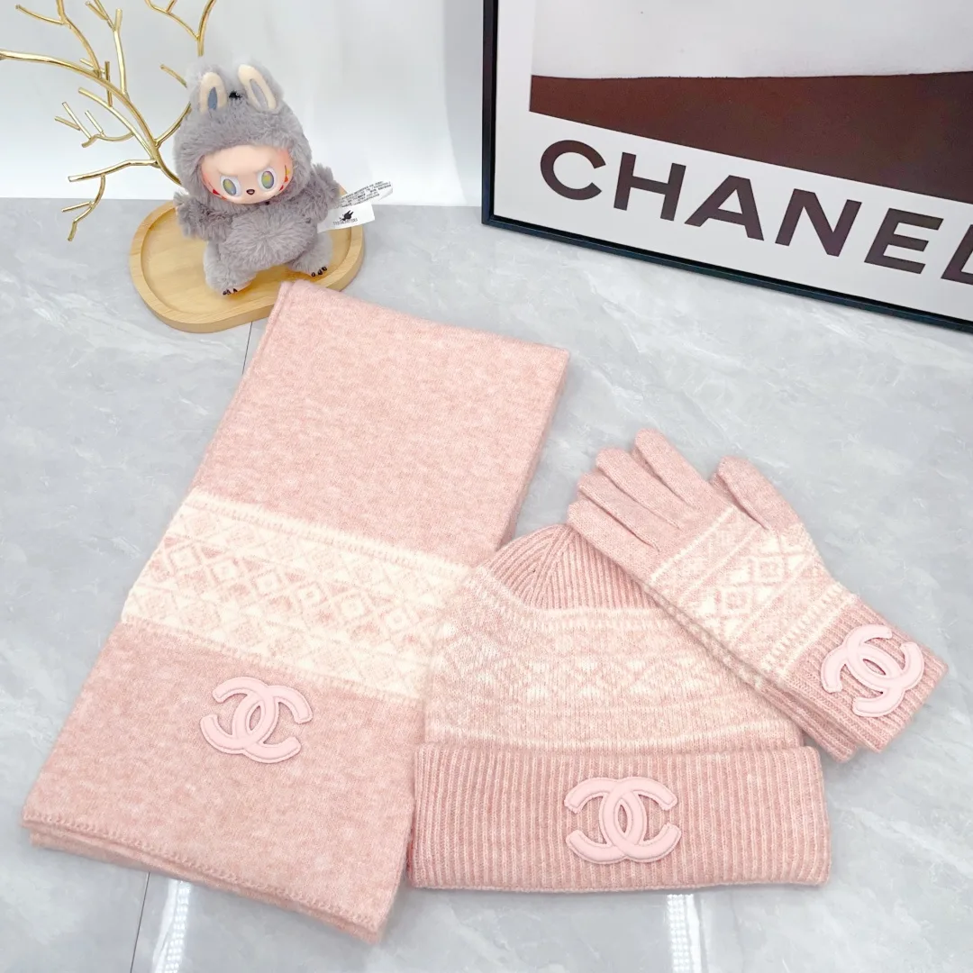 Chanel Wool Embroidered Hat Scarf and Gloves Set in Pink · view 2