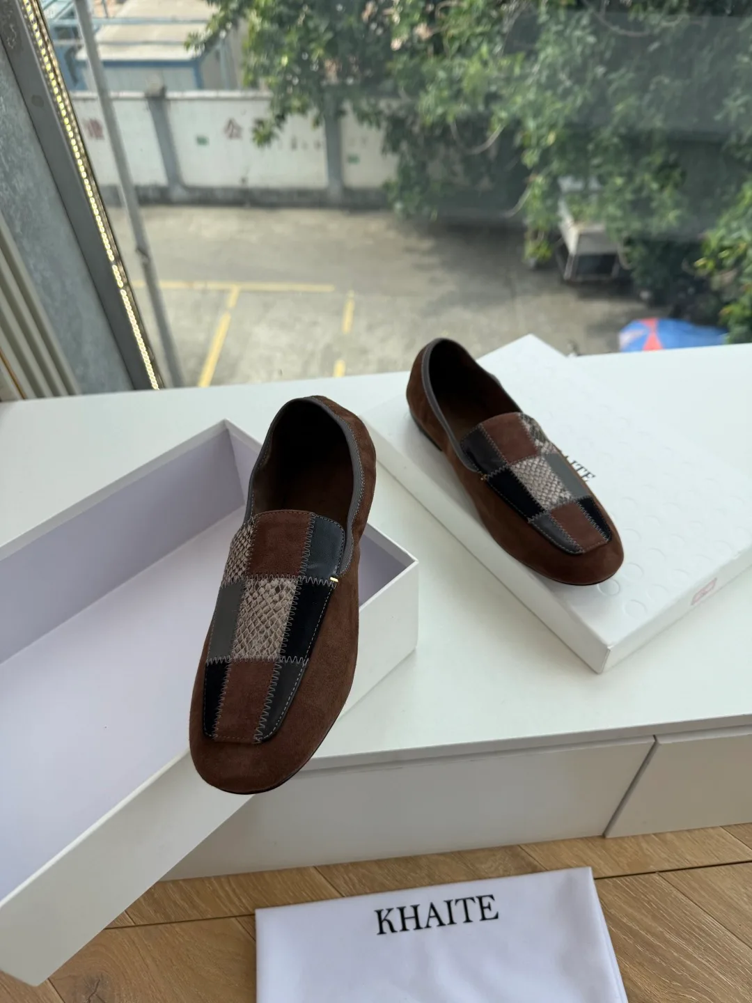 Khaite Sheepskin Check Suede-Look Loafers in Brown · view 3
