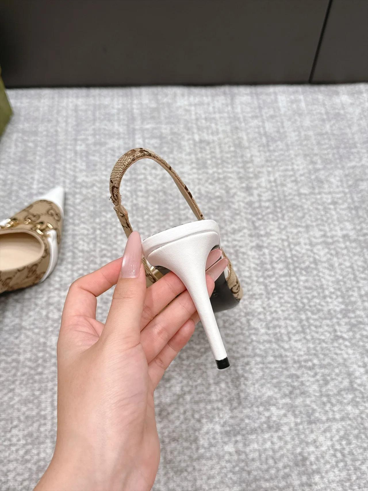 Gucci Pointed-Toe Monogram Slingback Pumps in Beige · view 7