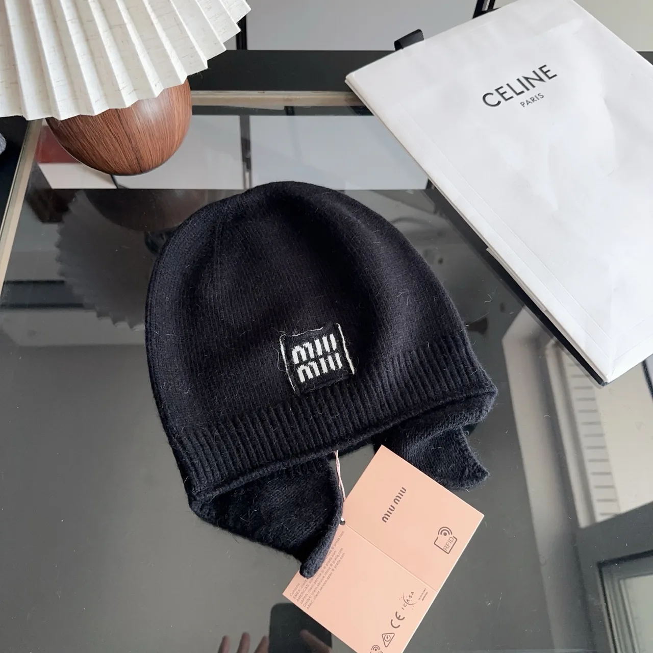 Miu Miu Ribbed Beanie in Black · view 1