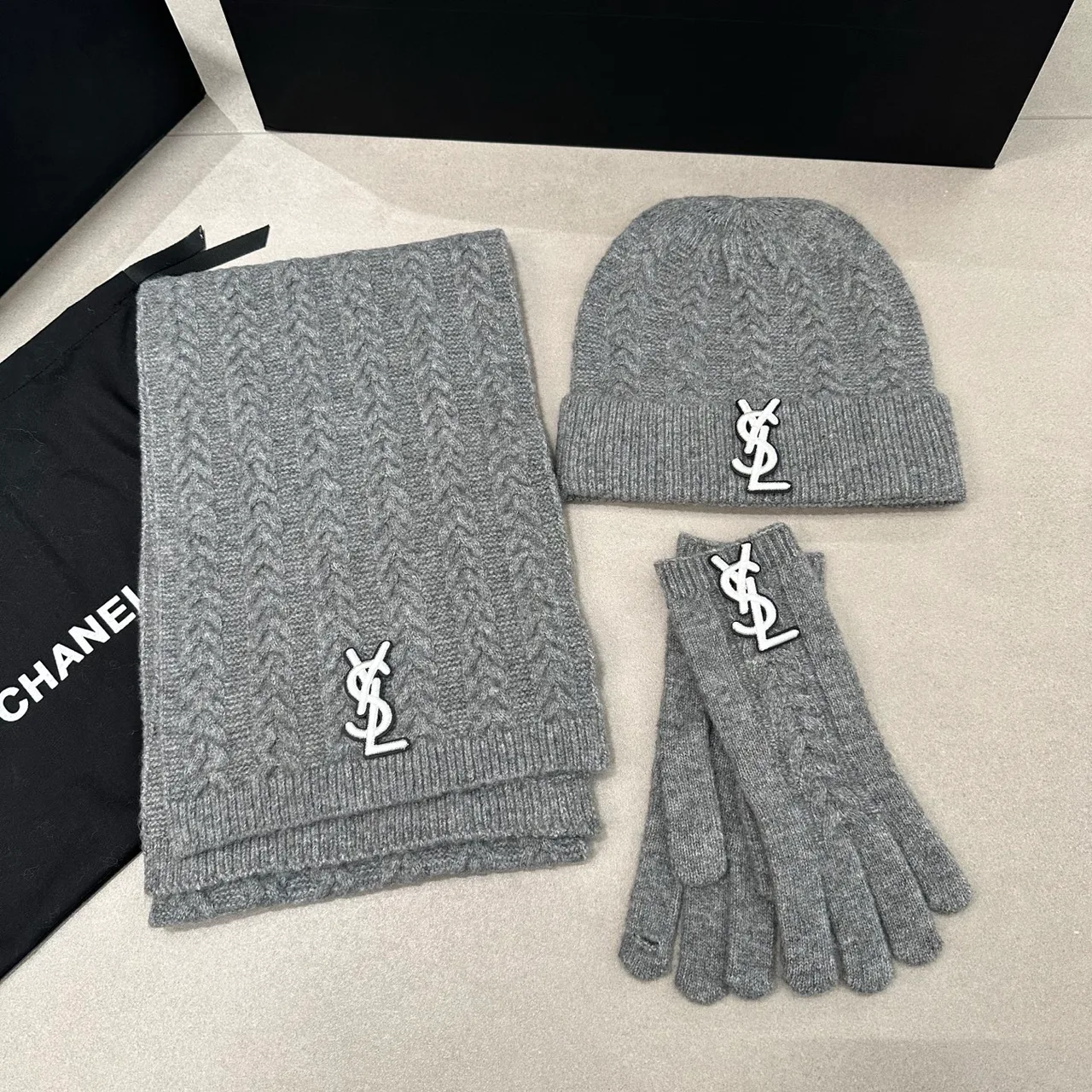 Saint Laurent Hat Scarf and Gloves Set in Black & Grey & Beige & White & Pink & Burgundy · view 2